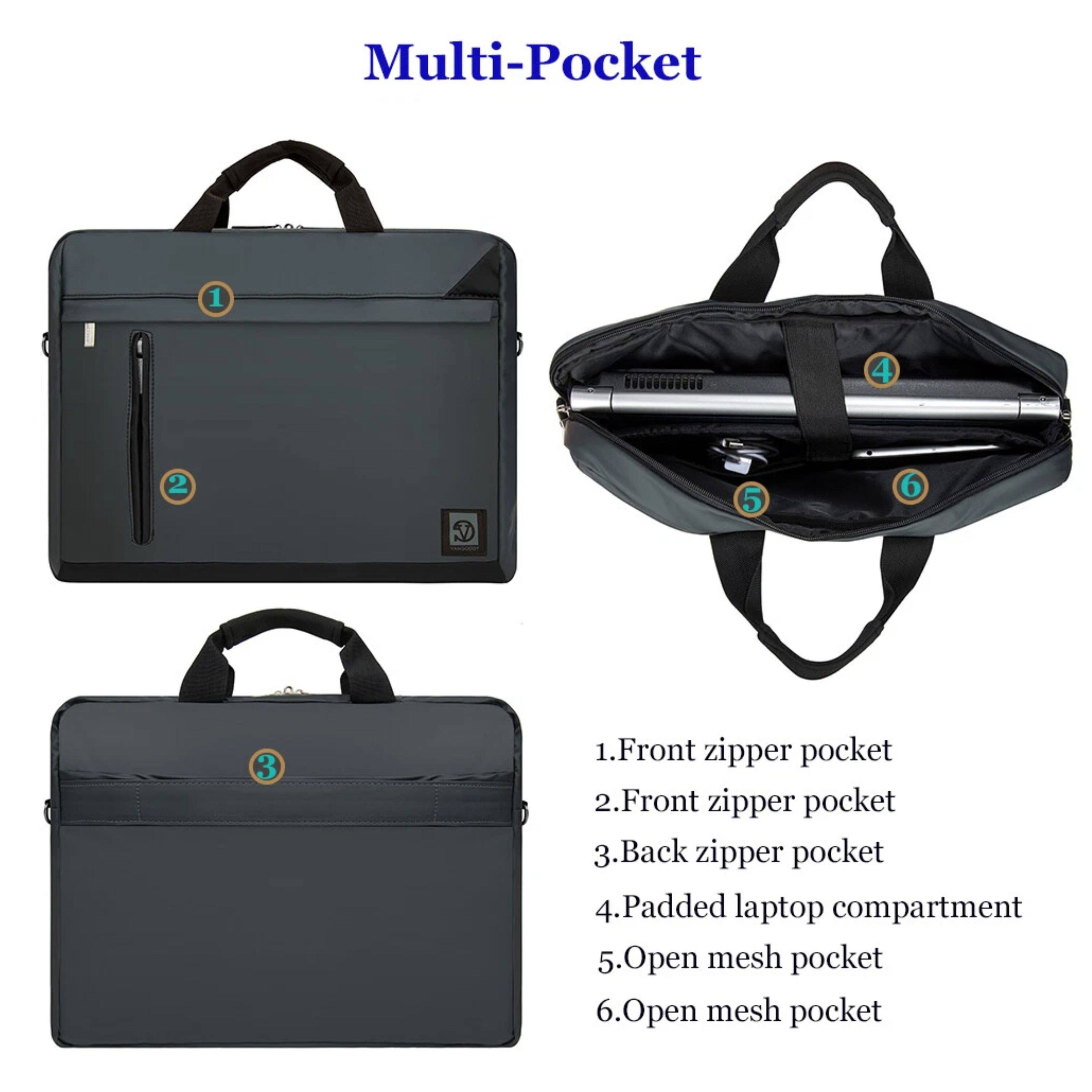 Multi-Pocket

1. Front zipper pocket
2. Front zipper pocket
3. Back zipper pocket
4. Padded laptop compartment
5. Open mesh pocket
6. Open mesh pocket