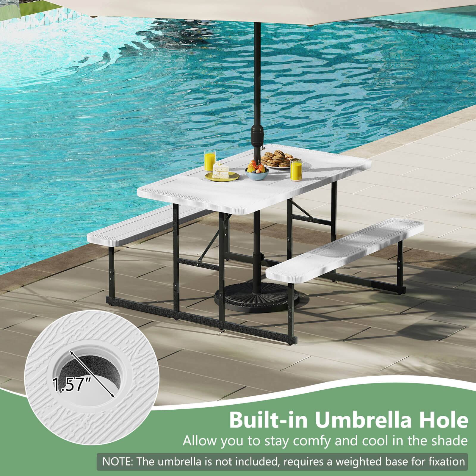 The image features a white table with a built-in umbrella hole, which allows you to stay comfortable and cool in the shade. The umbrella is not included, and a weighted base is required for fixation.
