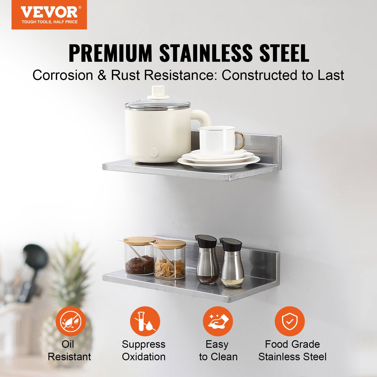 VEVOR  
TOUGH TOOLS, HALF PRICE  

PREMIUM STAINLESS STEEL  
Corrosion & Rust Resistance: Constructed to Last  

- Oil Resistant  
- Suppress Oxidation  
- Easy to Clean  
- Food Grade Stainless Steel