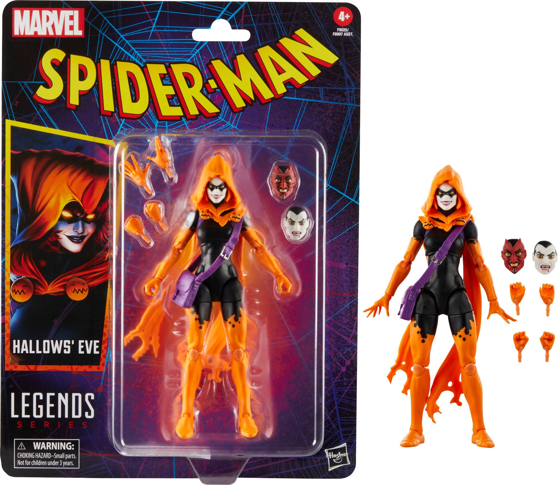 The image features a Spider-Man Hallows' Eve Legends Series action figure, which is part of the Marvel Legends toy line. The figure is a female Spider-Man character wearing an orange and black costume. The packaging includes a warning that the toy contains small parts and is not suitable for children under 3 years of age.