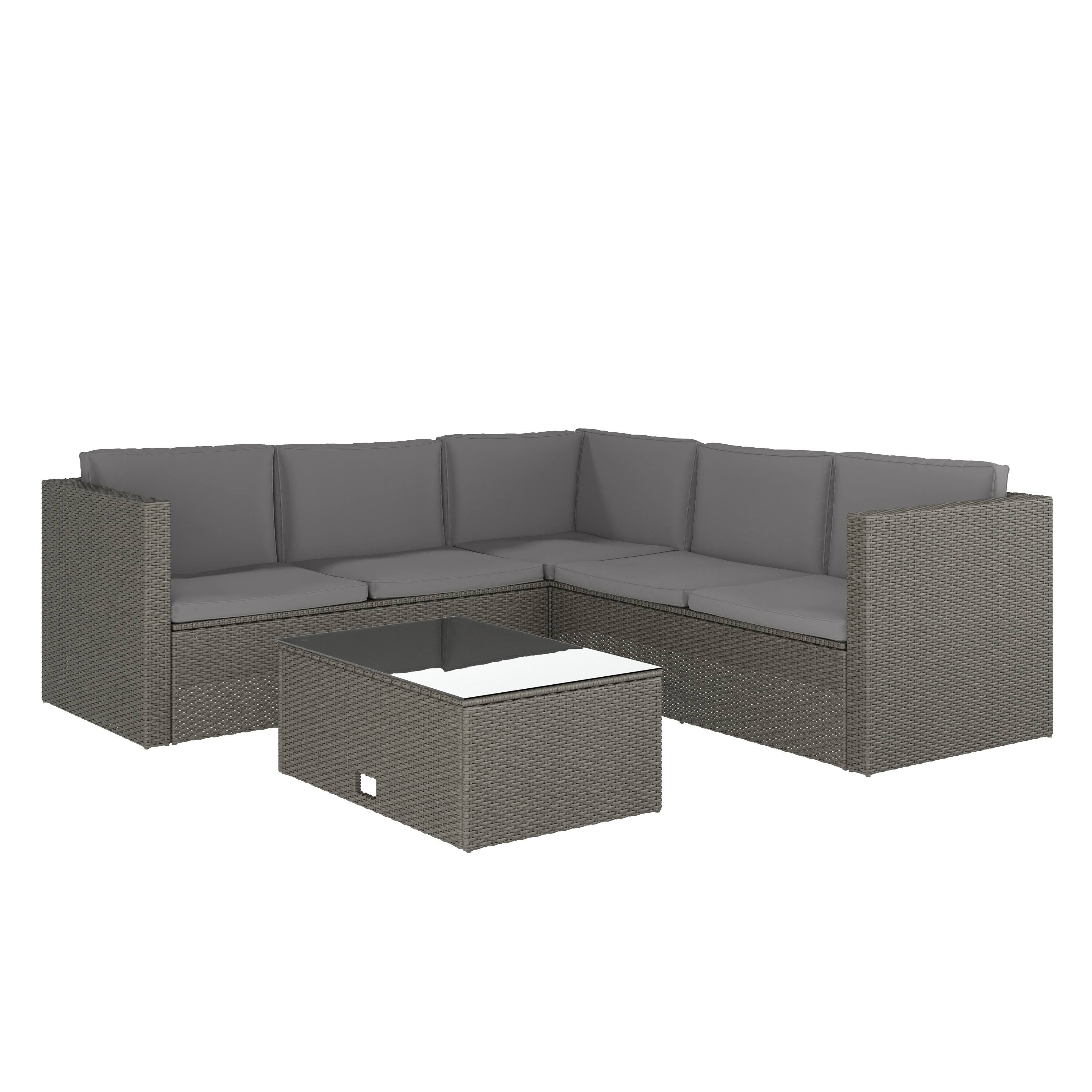 Emma + Oliver - Beal All Weather Wicker PE Rattan L-Shaped Sectional Sofa with Coffee Table and Included Back and Seat Cushions - Gray Cushions/Gray Frame