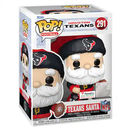 The text on the image is:
"POP! FOOTBALL HOUSTON TEXANS 291 M POP! TEXANS SANTA NFL Fanatics 2024 HOLIDAY EXCLUSIVE VINYL FIGURE VINIL FIGURA DE VINIL FIGURA DE ASFIXIA ADVERTENCIA: PELIGRO DE ASFIXIA ADVERTENCIA: DANGER D'ETOUFFEMENT ATTENTION: DANGER D'ETOUFFEMENT WARNING: CHOKING HAZARD. Not suitable for children under 3 years. Small parts. Not suitable for children under 36 months. PELIGRO DE ASFIXIA ADVERTENCIA: PELIGRO DE ASFIXIA ATTENTION: DANGER D'ETOUFFEMENT WARNING: CHOKING HAZARD. Not suitable for children under 3 years. Small parts. Not suitable for children under 36 months."