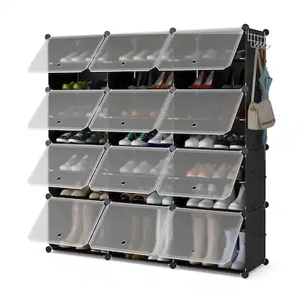 Front. Ecooso - 12-Cube Shoe Storage Shelves Portable Organizer with Hooks for Up to 48 Pairs - Black.