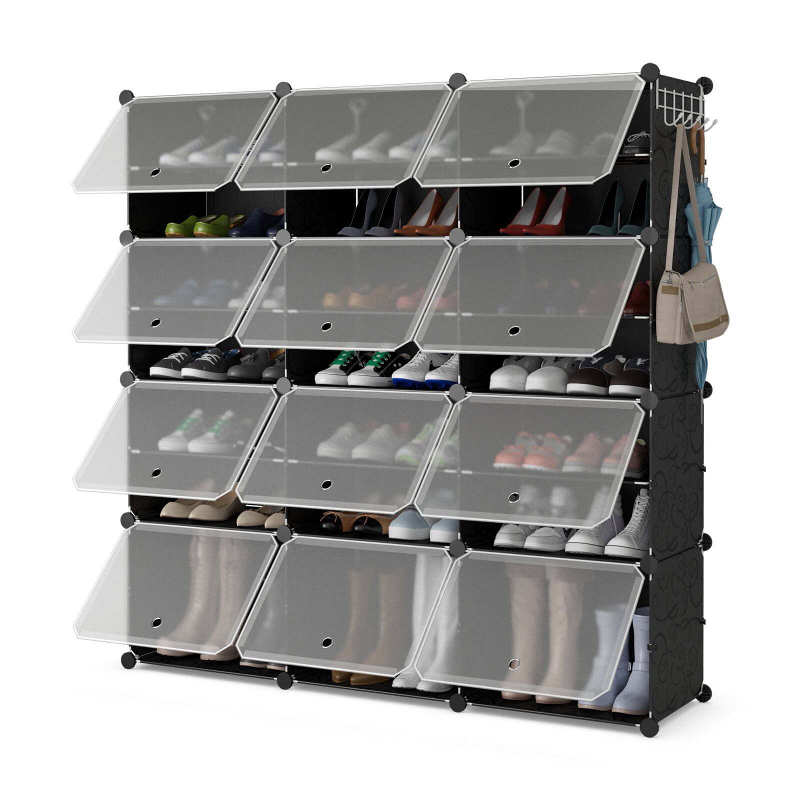 Front. Ecooso - 12-Cube Shoe Storage Shelves Portable Organizer with Hooks for Up to 48 Pairs - Black.