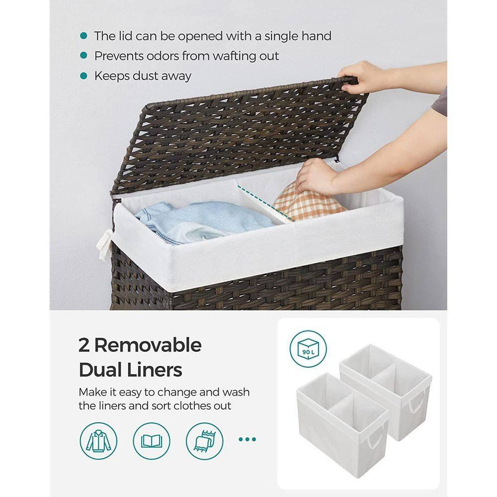 - The lid can be opened with a single hand
- Prevents odors from wafting out
- Keeps dust away

2 Removable Dual Liners
Make it easy to change and wash the liners and sort clothes out

90 L