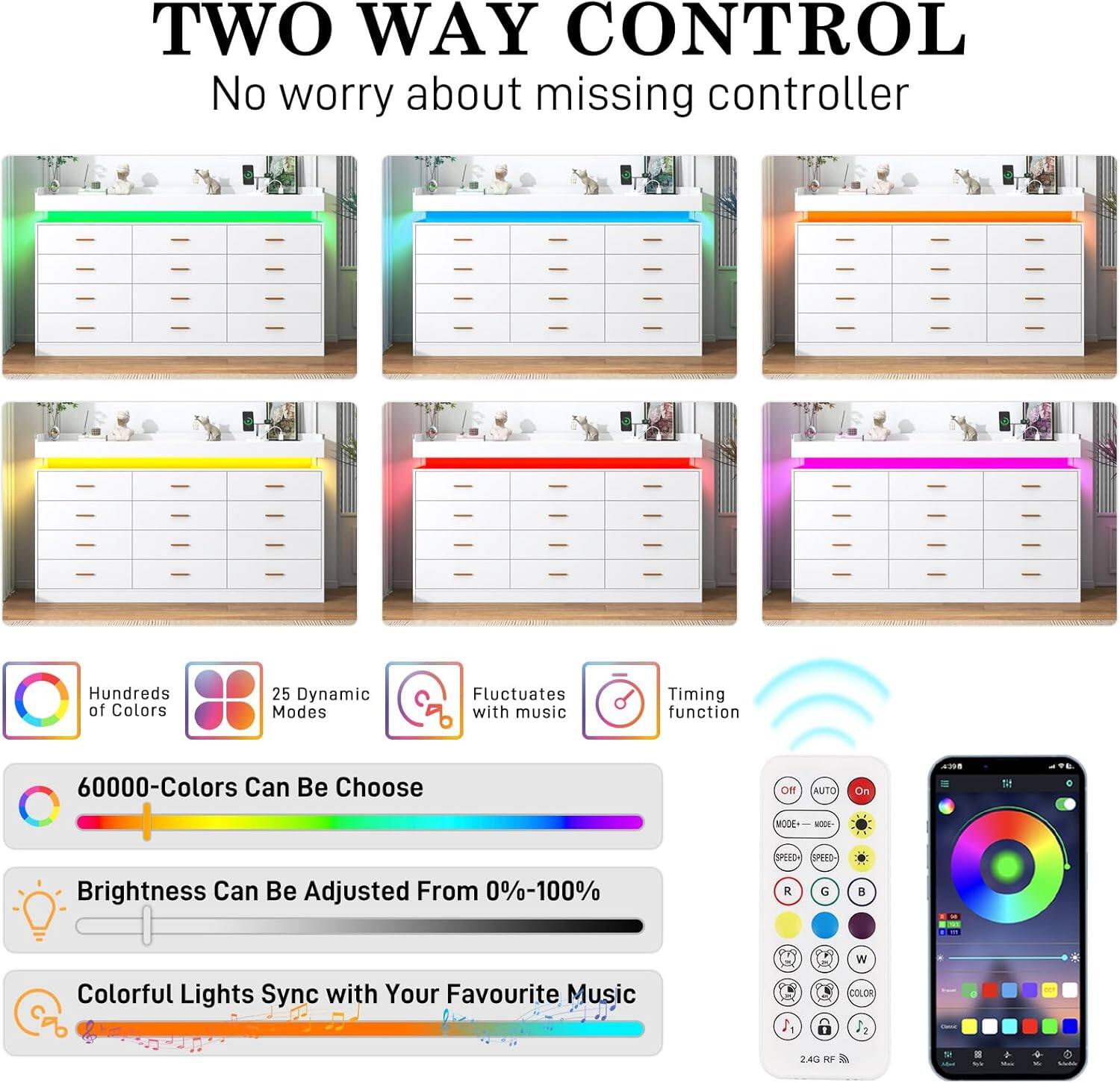 TWO WAY CONTROL  
No worry about missing controller  

Hundreds of Colors  
25 Dynamic Modes  
Fluctuates with music  
Timing function  

60000-Colors Can Be Choose  
Off AUTO On  

1. MODE - MOCE - SPEED  
SPEED  
Brightness Can Be Adjusted From 0%-100%  
R G B W  

Colorful Lights Sync with Your Favourite Music  

J. COLOM  
1 240 NF