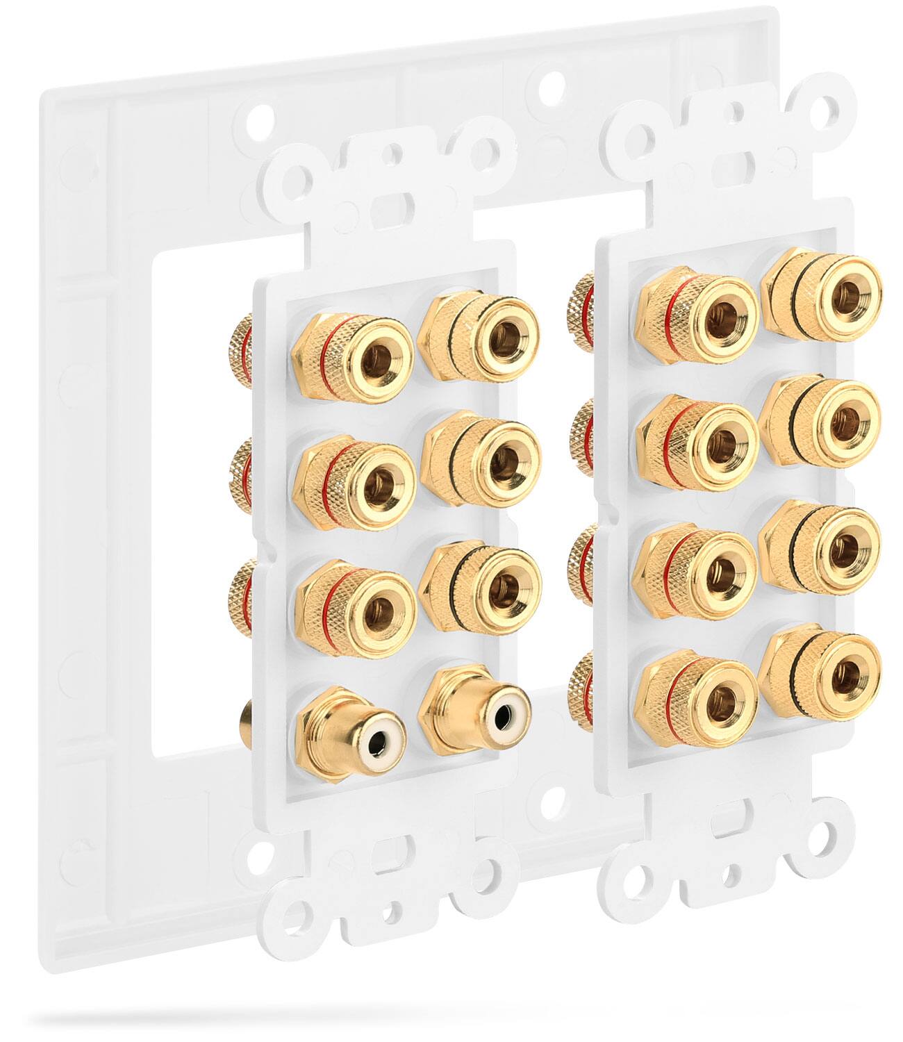 Back. Fosmon - 2-Gang 7.1 Surround Sound Distribution Wall Plate w/ Gold Plated 7-Pair Copper Binding Posts + 2 RCA Jacks - White - White.