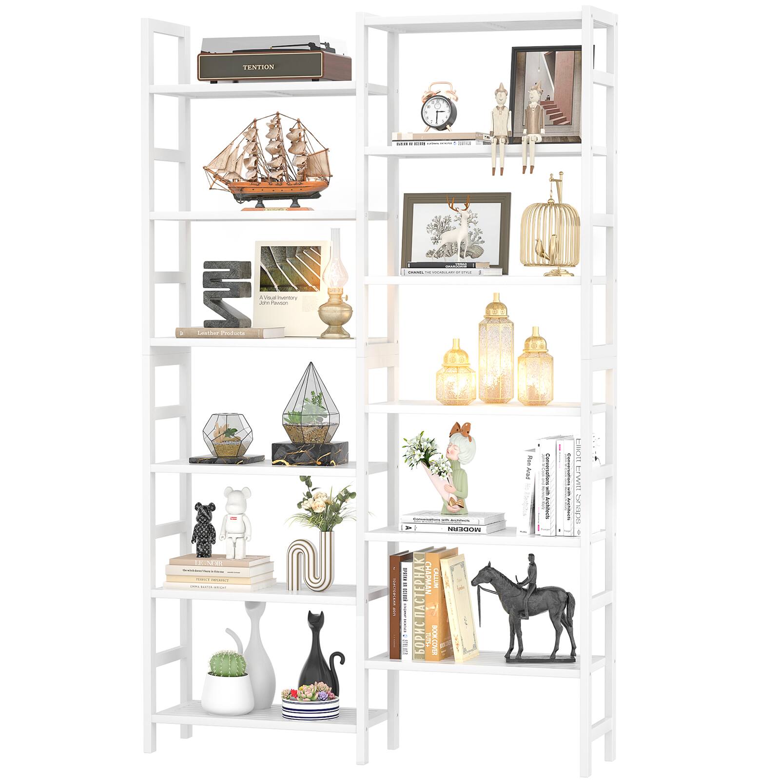 Aheaplus Bamboo Double Wide Bookshelf, 6 Tier Bookshelf with12