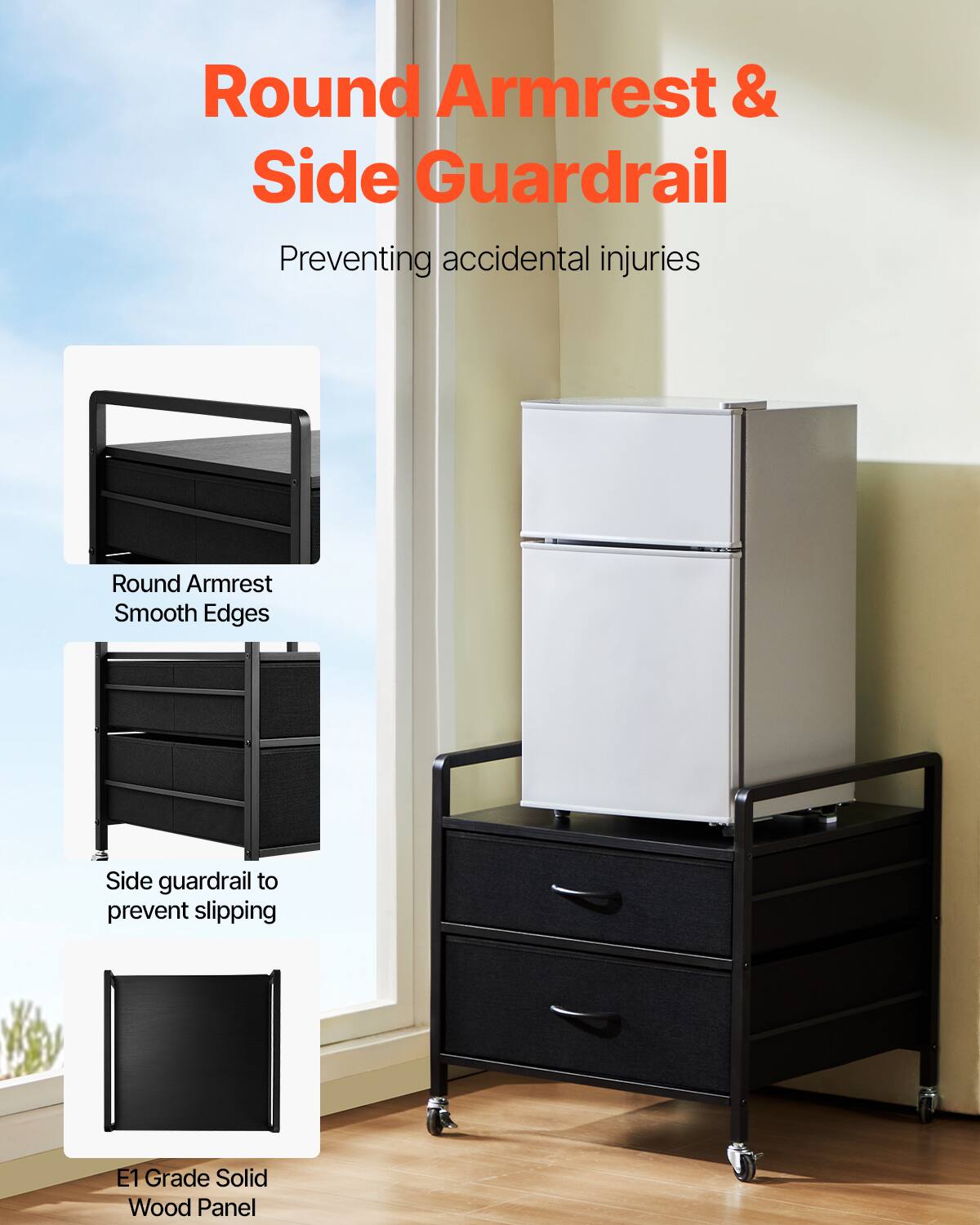 Round Armrest & Side Guardrail
Preventing accidental injuries
Round Armrest Smooth Edges
Side guardrail to prevent slipping
E1 Grade Solid Wood Panel