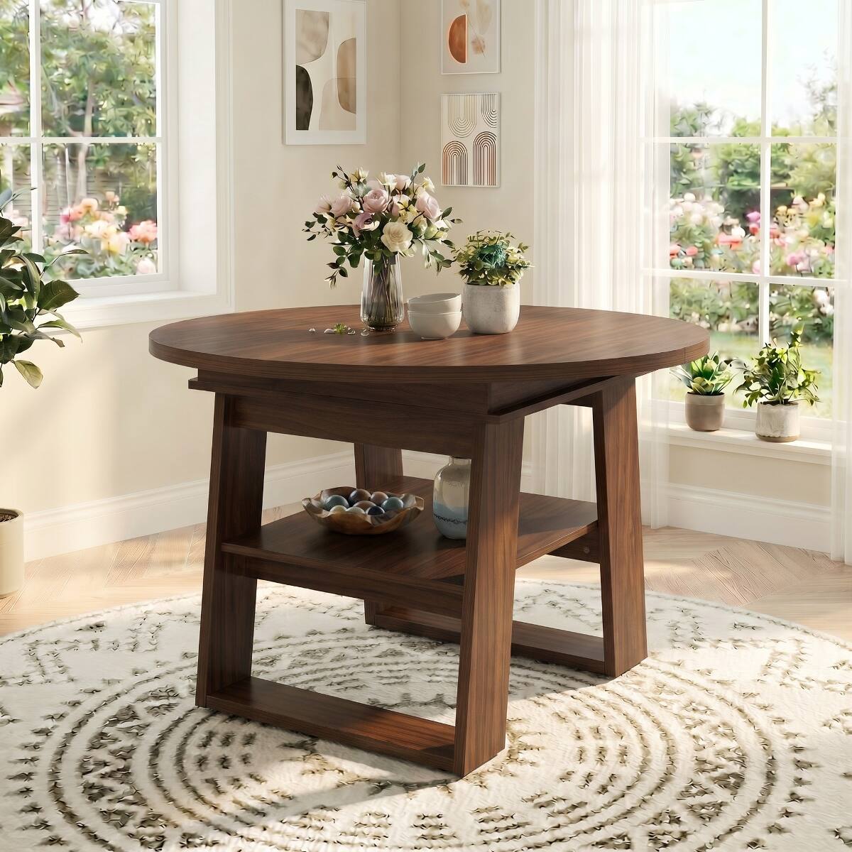 Angle. Loheer - Loheer Extendable Round Dining Table, Walnut, Round-to-Oval Table for 4 to 6 People - Walnut.