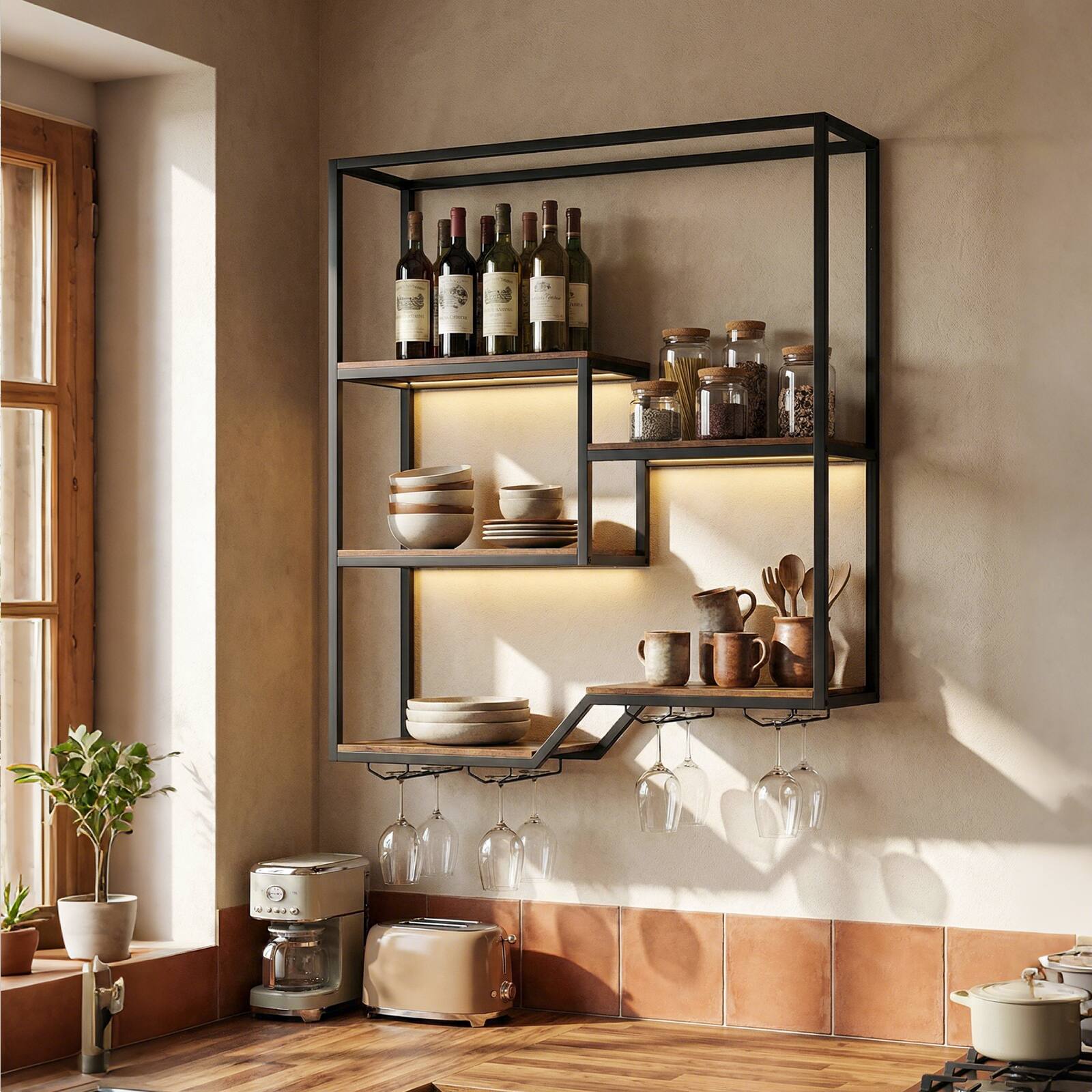 Alt View 3. Gymax - Gymax Wall Mounted Wine Rack 6-Tier Hanging Bar Shelf w/ Bottle Display Shelf - Brown.