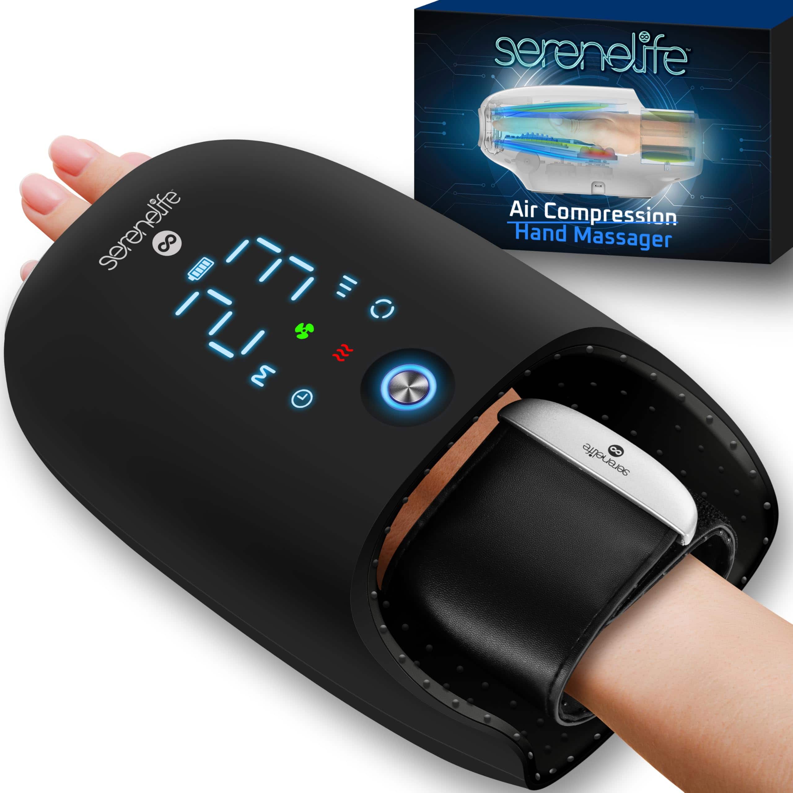 SereneLife - Hand Massager with Heat & Compression - 6 Modes, 6 Intensity Levels, Timer for Stress Relief (SLHNDMSG007BK)
