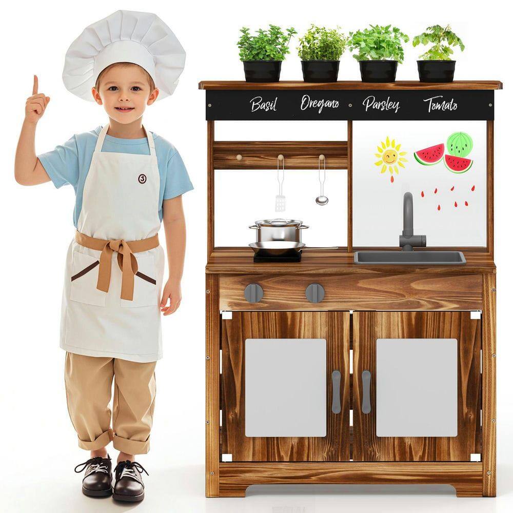 Resenkos - Fir Wood Mud Kitchen Play Set with Pots & Removable Sink - Outdoor Pretend Cooking Toy - Natural