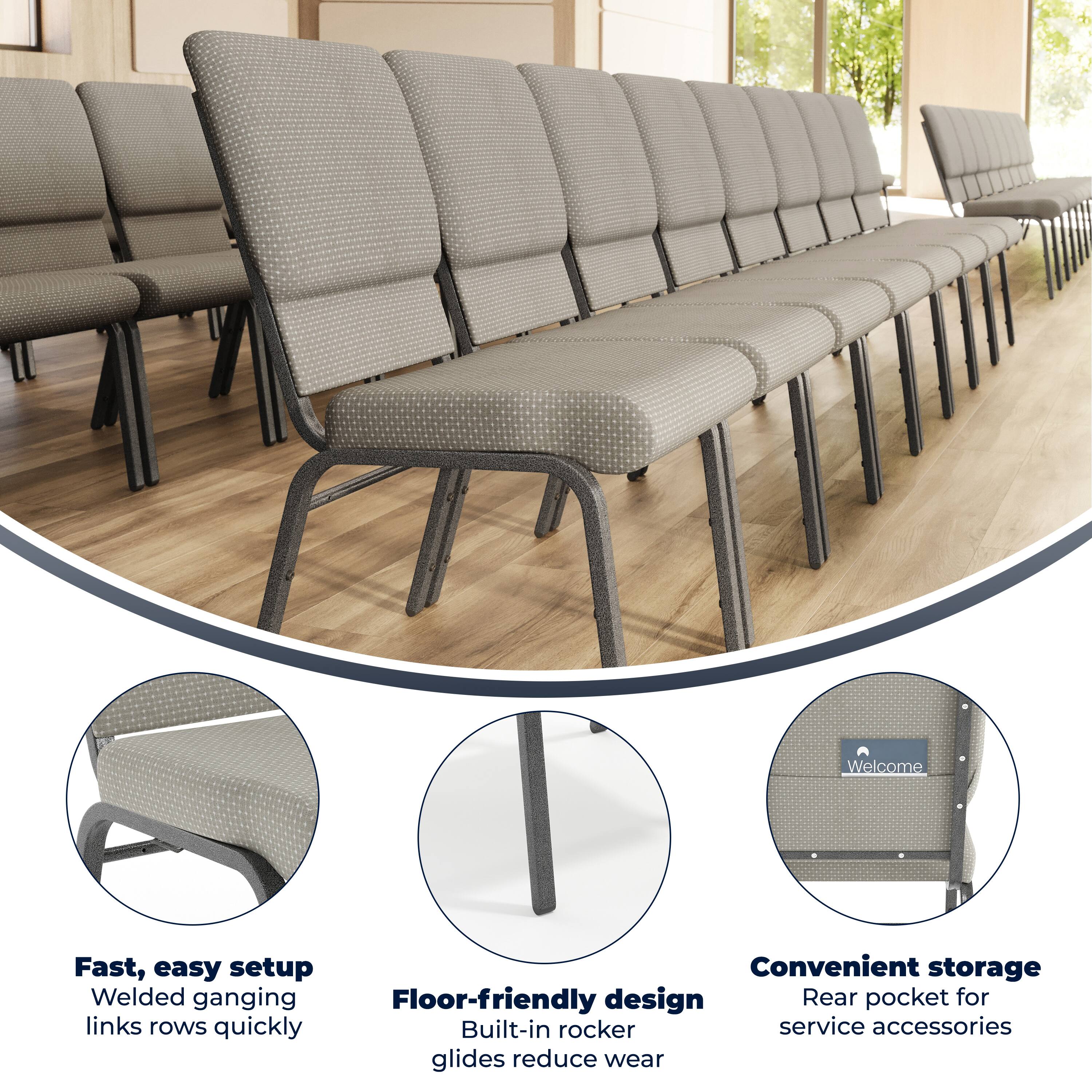 Welcome

Fast, easy setup  
Welded ganging links rows quickly

Convenient storage  
Rear pocket for service accessories

Floor-friendly design  
Built-in rocker glides reduce wear