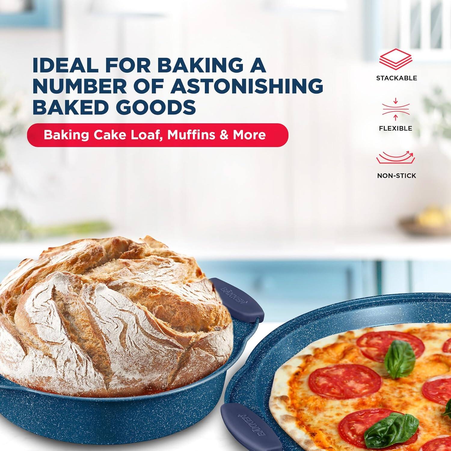 IDEAL FOR BAKING A STACKABLE, FLEXIBLE, NON-STICK NUMBER OF ASTONISHING BAKED GOODS

Baking Cake Loaf, Muffins & More
