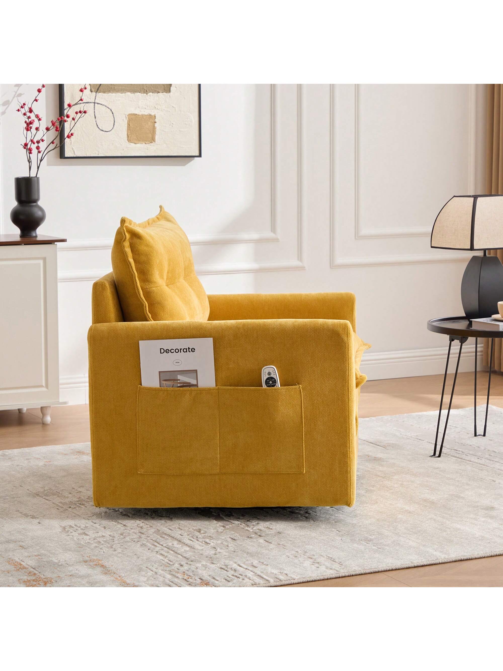 Left. Trinkets Crazed - Swivel Barrel Chair, Mid Century Modern Chair, Thick Padded Arm Chair with Solid Metal Base - Yellow.