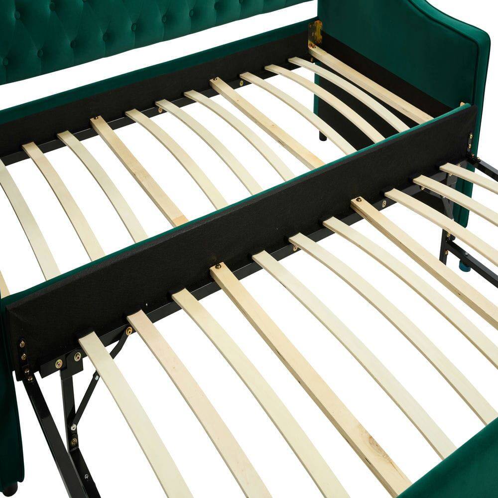 Alt View 1. Kadyn - Twin Upholstered Daybed with Trundle, USB Port & Side Pockets, Modern V-Grain Backrest, No Box Spring - Green.