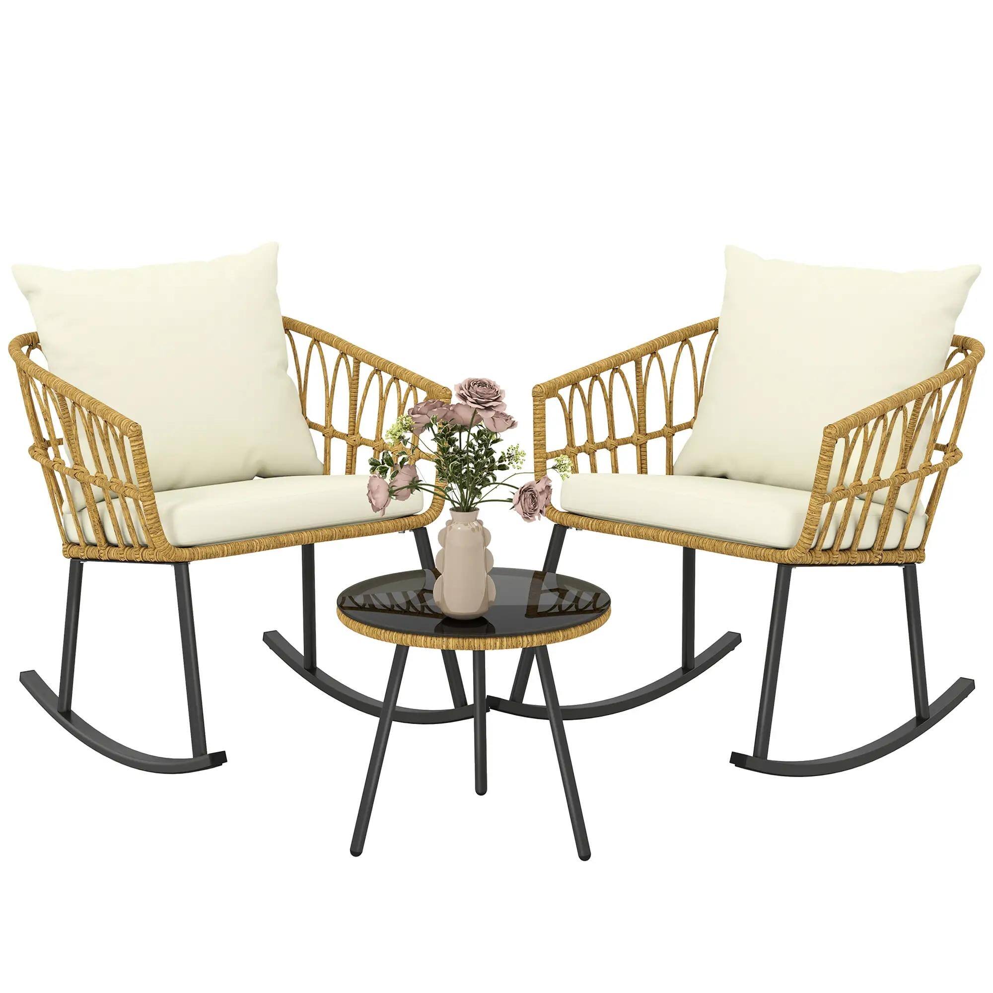 Front. Resenkos - Resenkos Wicker Bistro Set, 3-Pc Outdoor Rocking Chairs, Glass Coffee Table, Patio Conversation Set, Cream White - Cream White.