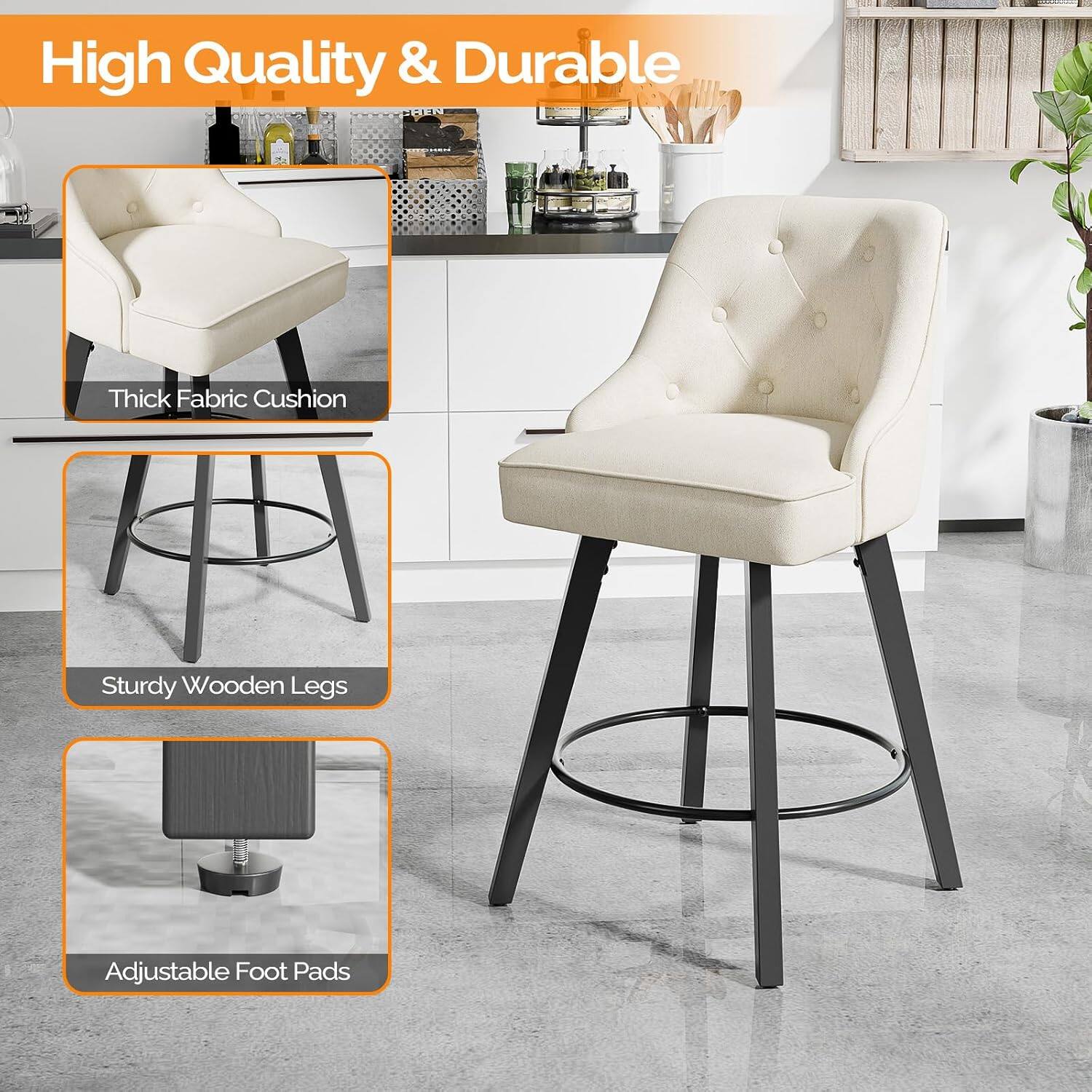 High Quality & Durable  
Thick Fabric Cushion  
Sturdy Wooden Legs  
Adjustable Foot Pads