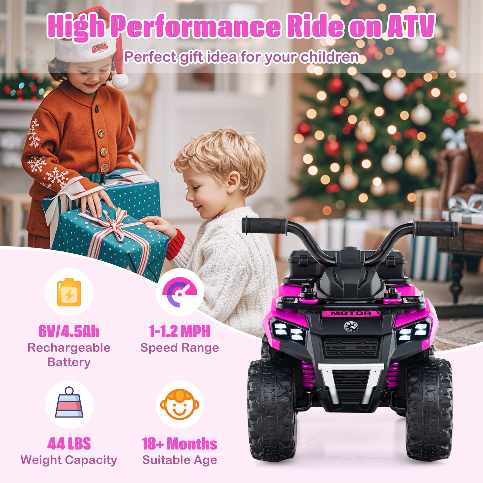 High Performance Ride on ATV  
Perfect gift idea for your children  

- 6V/4.5Ah Rechargeable Battery  
- 1-1.2 MPH Speed Range  
- 44 LBS Weight Capacity  
- 18+ Months Suitable Age