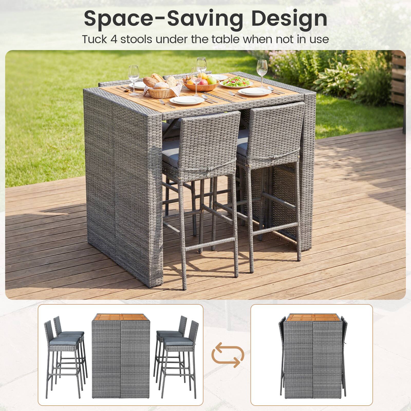 Space-Saving Design  
Tuck 4 stools under the table when not in use