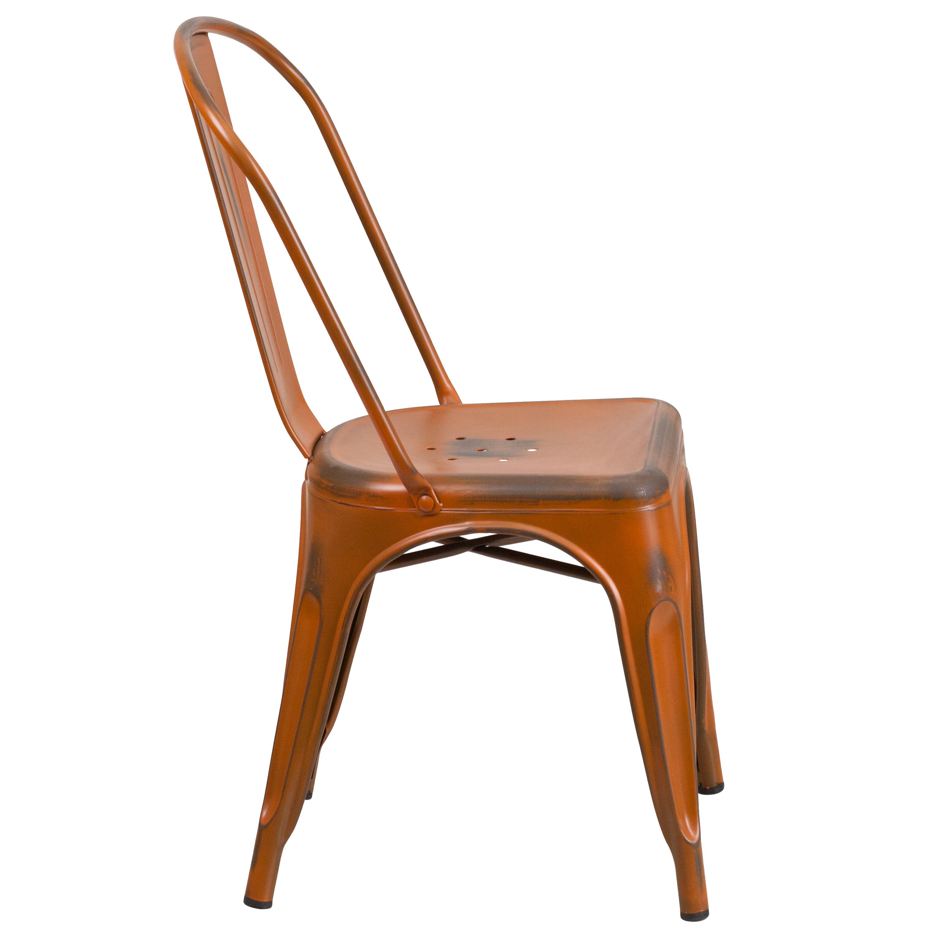 Alt View 6. Emma + Oliver - Commercial Grade 4 Pack Distressed Metal Indoor-Outdoor Stackable Chair - Orange.