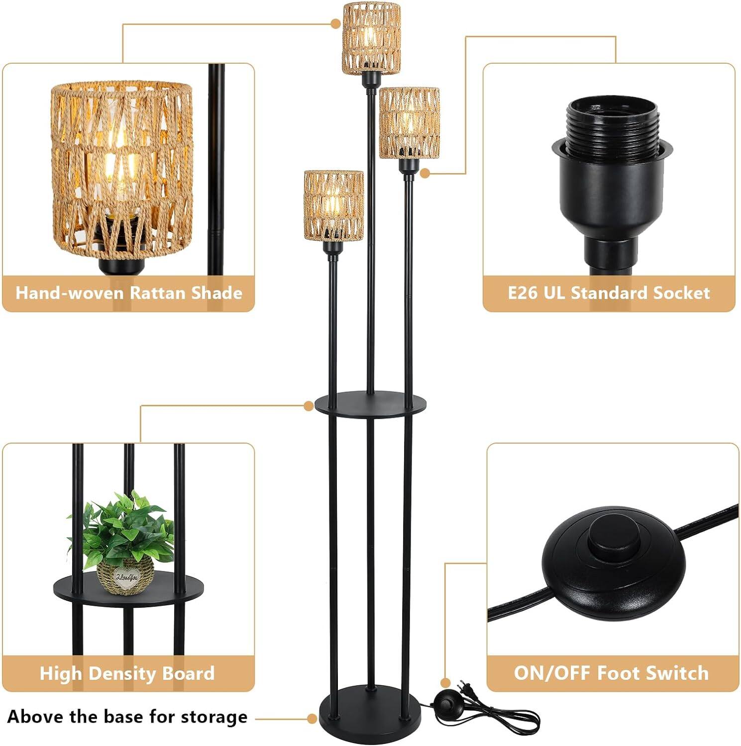 Hand-woven Rattan Shade  
E26 UL Standard Socket  
High Density Board  
ON/OFF Foot Switch  
Above the base for storage