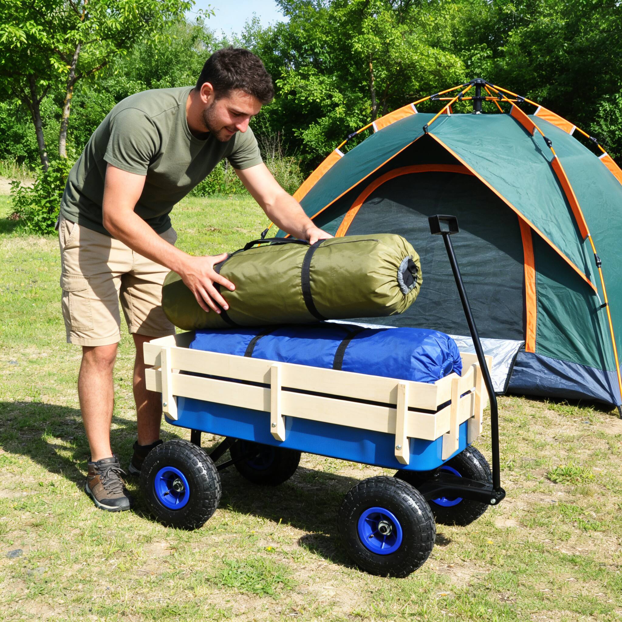 Front. Whisen - All Terrain Outdoor Wagon Garden Cart, Steel Utility Wagon with Detachable Wood Sides & Air Tires - Blue.