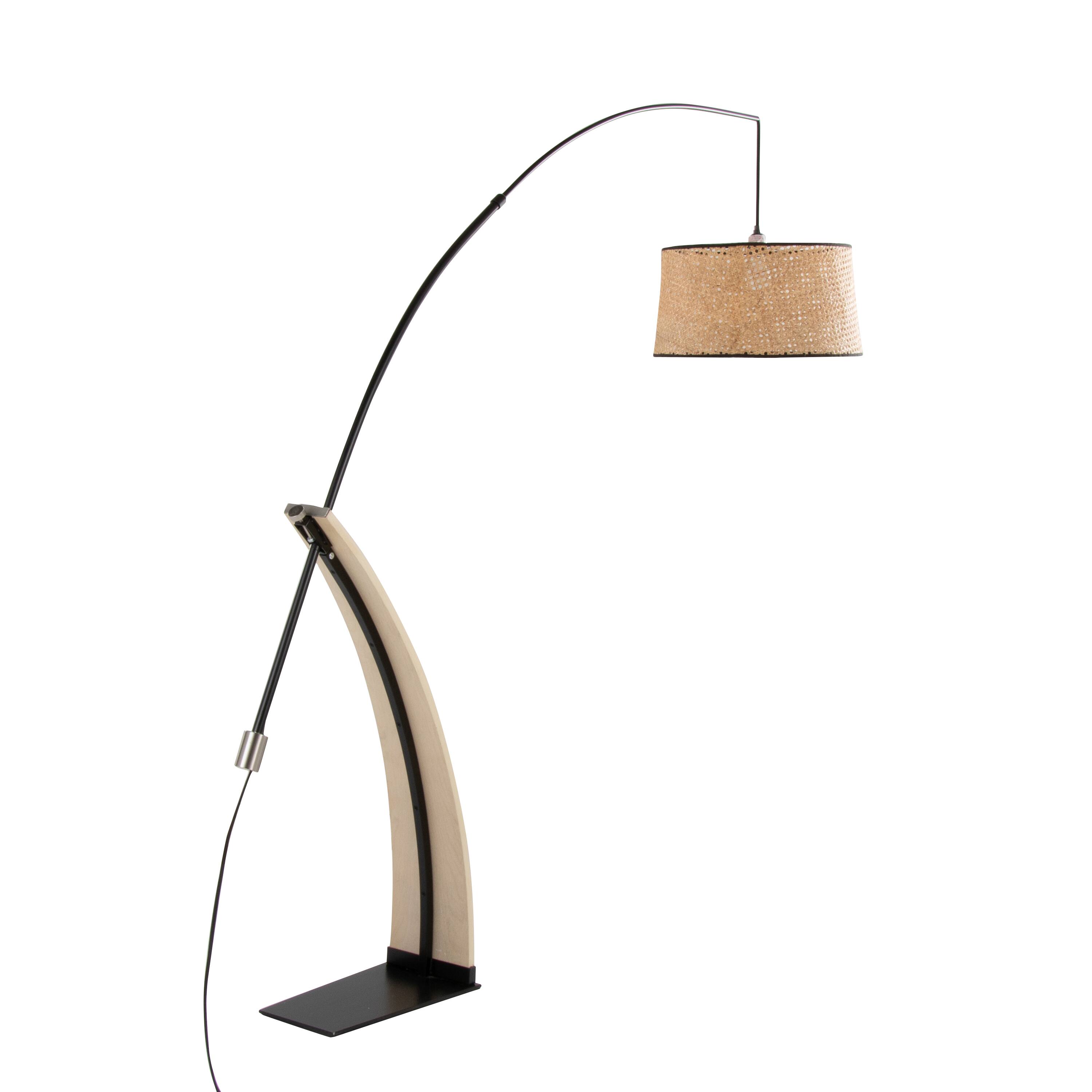 Back. Loheer - Loheer Mid Century Modern Floor Lamp Natural Wood Black Metal Rattan Shade - Natural.