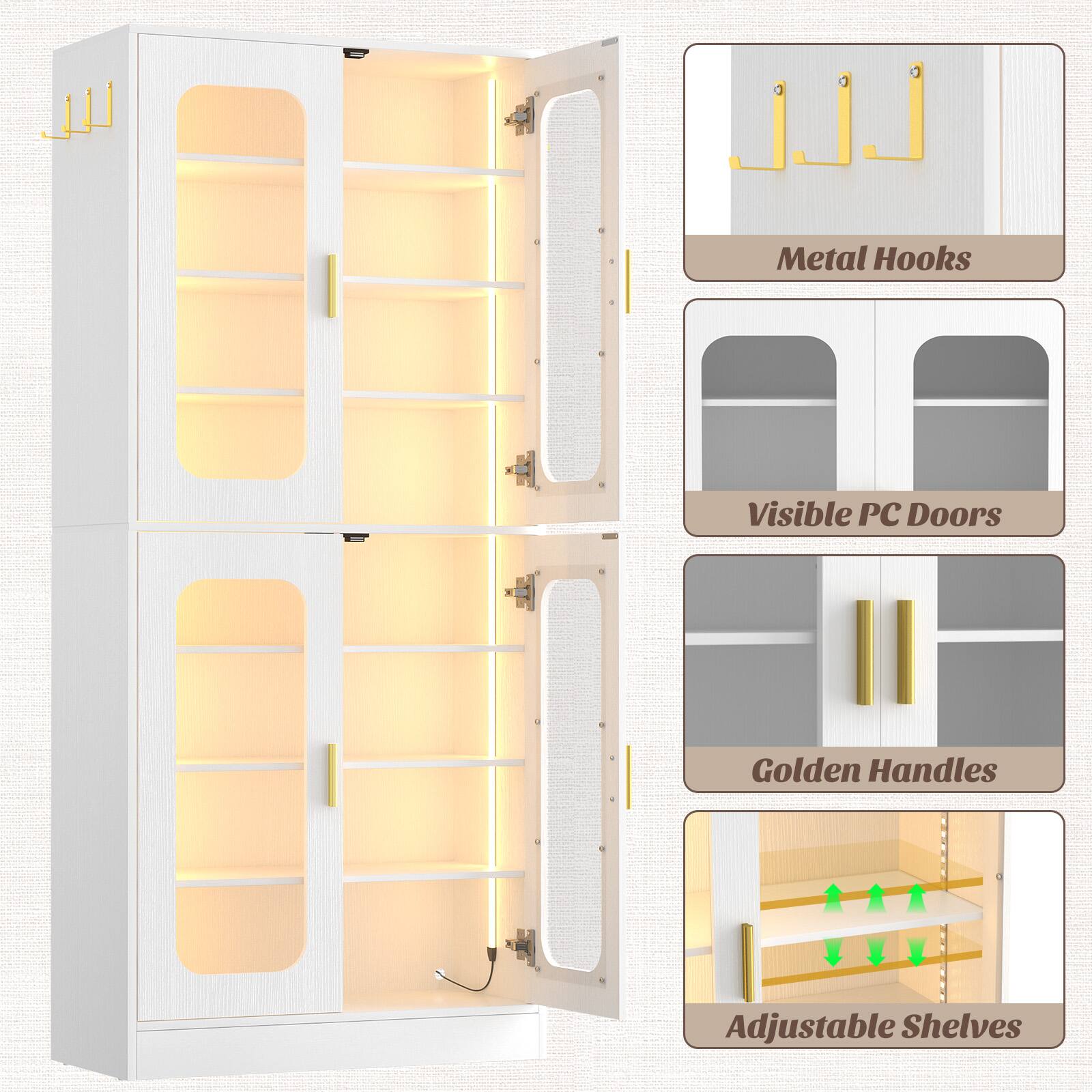 Metal Hooks  
Visible PC Doors  
Golden Handles  
Adjustable Shelves