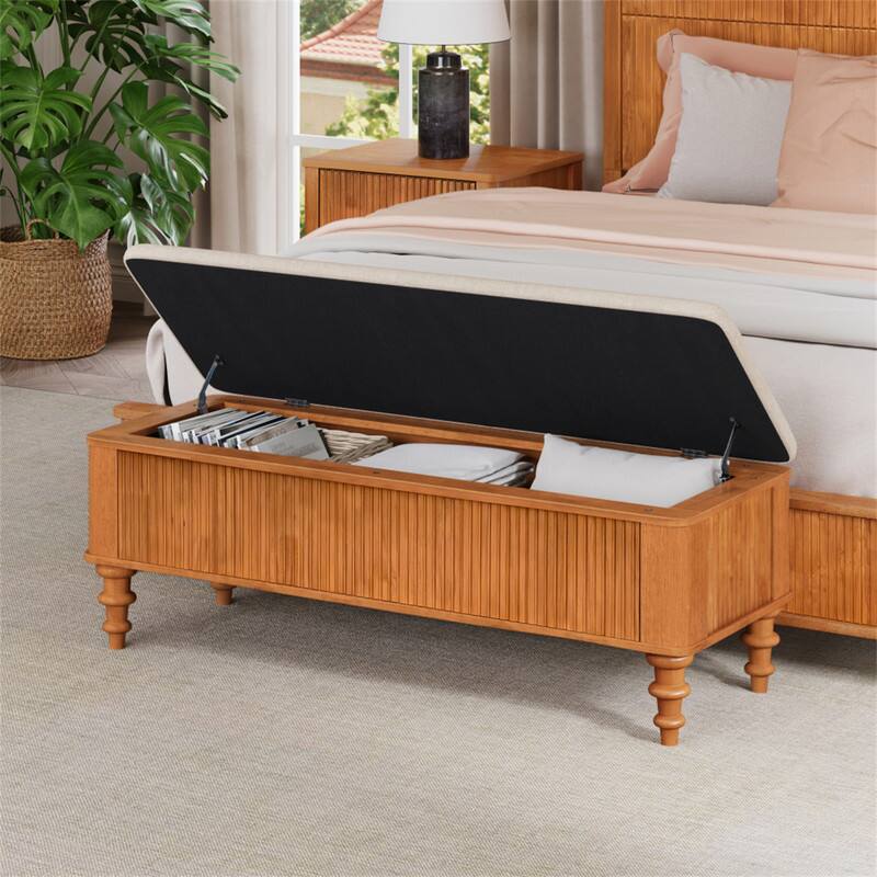 Angle. HTUTWOO - 50.8-inch Multi-Functional Storage Ottoman Bench -Rubberwood Bed End Bench with Linen Seat,Shoe Organizer Storage Bench - Natural.