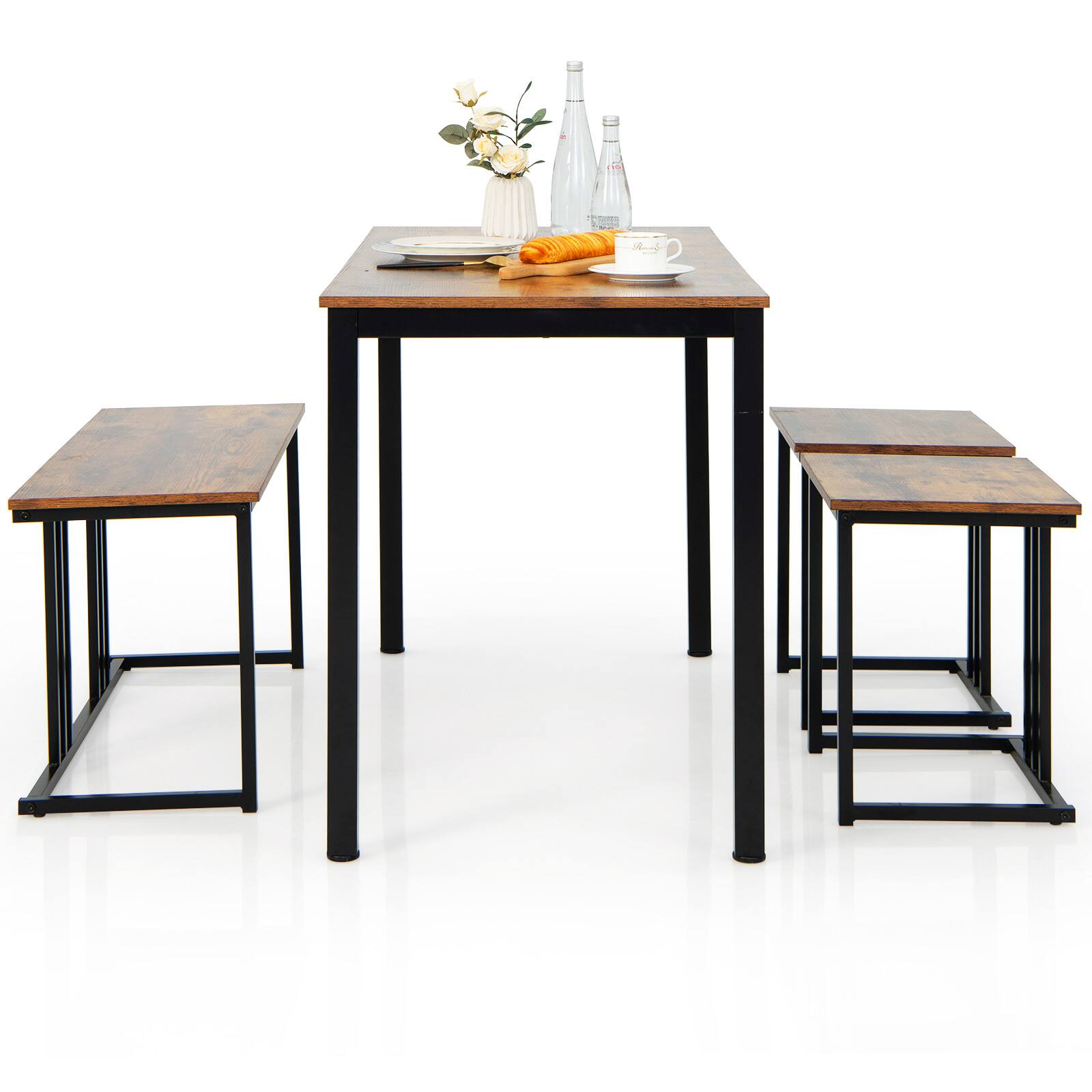 Alt View 17. Costway - 4 Piece Dining Table Set Industrial Kitchen Table Set W/ Bench & 2 Stools for 4 - Brown.