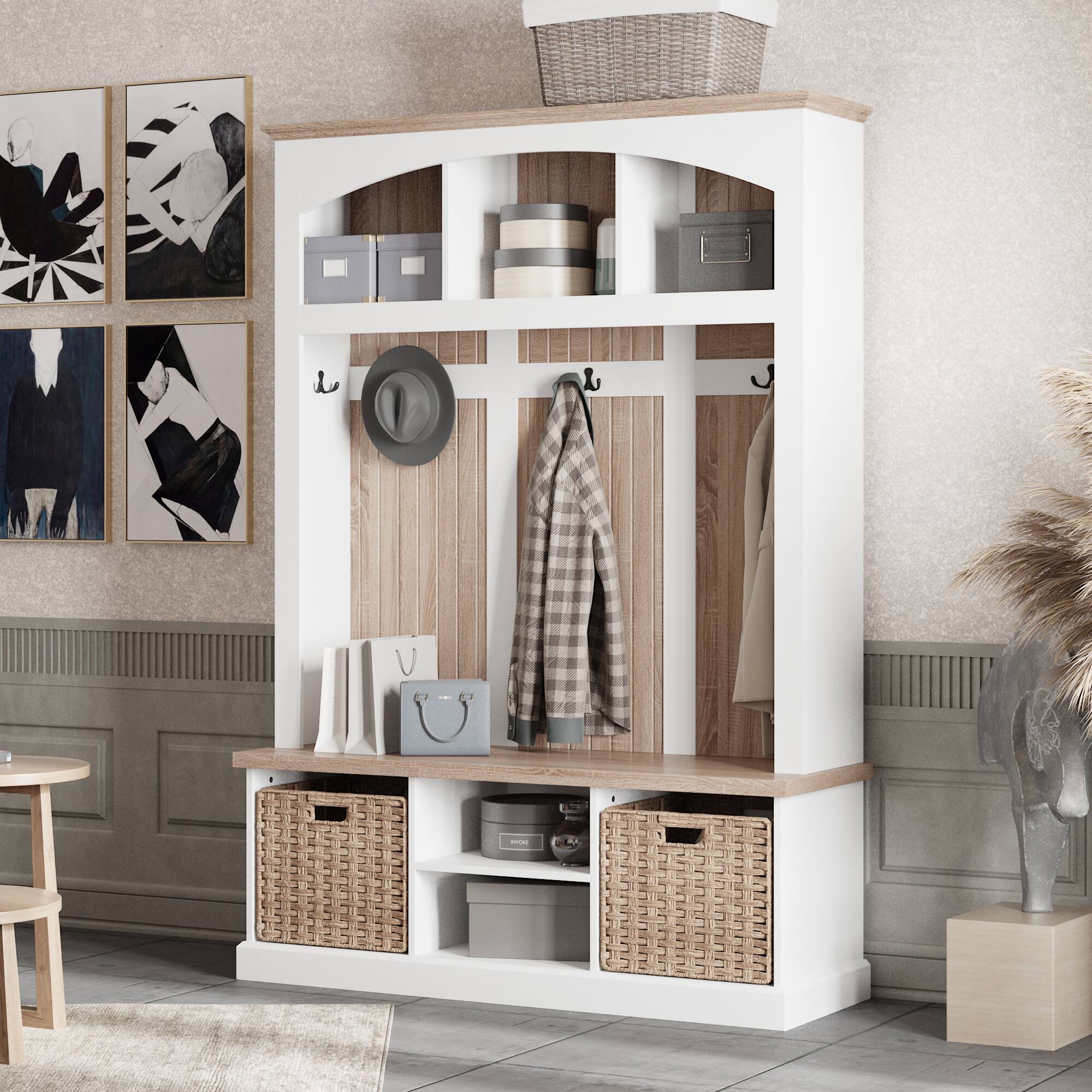 Back. FUFU & GAGA - Hall Tree with Coat Rack Shoe Storage Bench and Natural Rattan Baskets for Entryway Organization - White & Wooden.