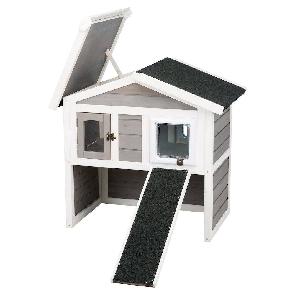 Alt View 2. TRIXIE - Natura Elevated Weatherproof & Insulated Outdoor Cat House with Door Flaps, Gray - Gray/White.