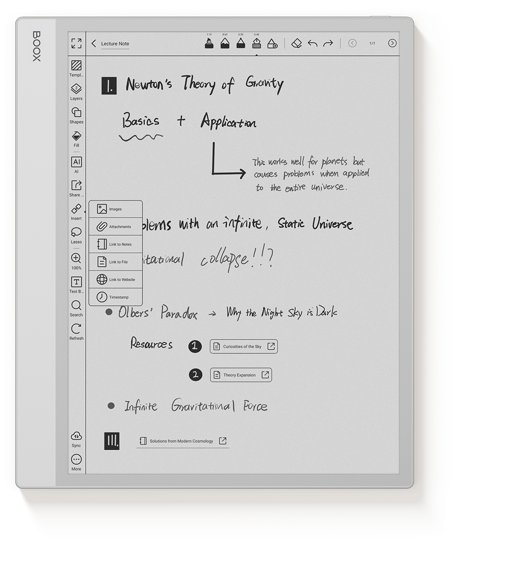 I. Newton's Theory of Gravity
Basics + Application
This works well for planets but problems with an infinite, static universe collapse!?
Olbers' Paradox → Why the Night Sky is Dark
Resources
1. Curiosities of the Sky
2. Theory Expansion
Infinite Gravitational Force
Solutions from Modern Cosmology