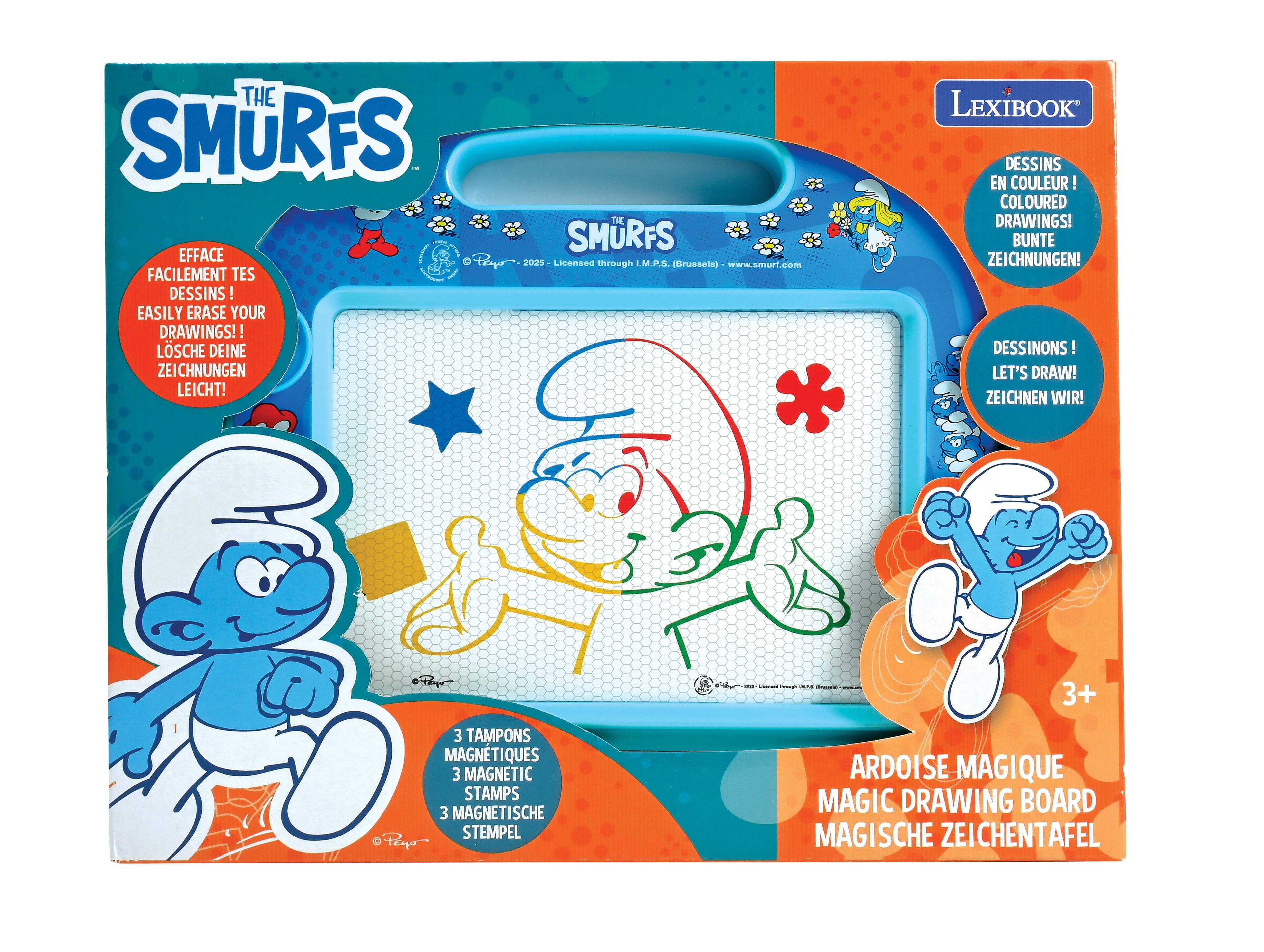 THE SMURFS  
EFFACE FACILEMENT TES DESSINS!  
EASILY ERASE YOUR DRAWINGS!!  
LOSCHE DEINE ZEICHNUNGEN LEICHT!  

DESSINS EN COULEUR!  
COLOURED DRAWINGS!  
BUNTE ZEICHNUNGEN!  

DESSINS !  
LET'S DRAW!  
ZEICHNEN WIR!  

3 TAMPONS MAGNÉTIQUES  
3 MAGNETIC STAMPS  
3 MAGNETISCHE STEMPEL  

ARDOISE MAGIQUE  
MAGIC DRAWING BOARD  
MAGISCHE ZEICHENTAFEL  

LexiBook  
3+  

THE SMURFS  
© 2020 Licensed through I.M.P.S. (Brussols)  
www.smurf.com