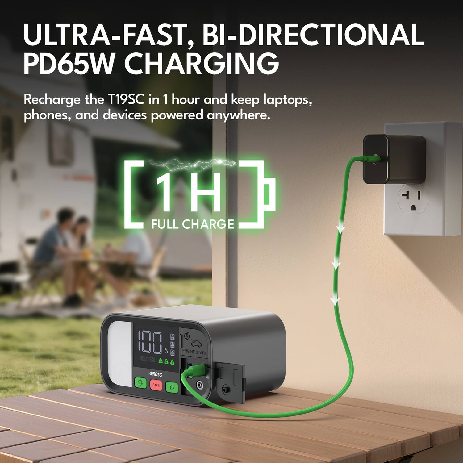 ULTRA-FAST, BI-DIRECTIONAL PD65W CHARGING

Recharge the T19SC in 1 hour and keep laptops, phones, and devices powered anywhere.

[1H] FULL CHARGE