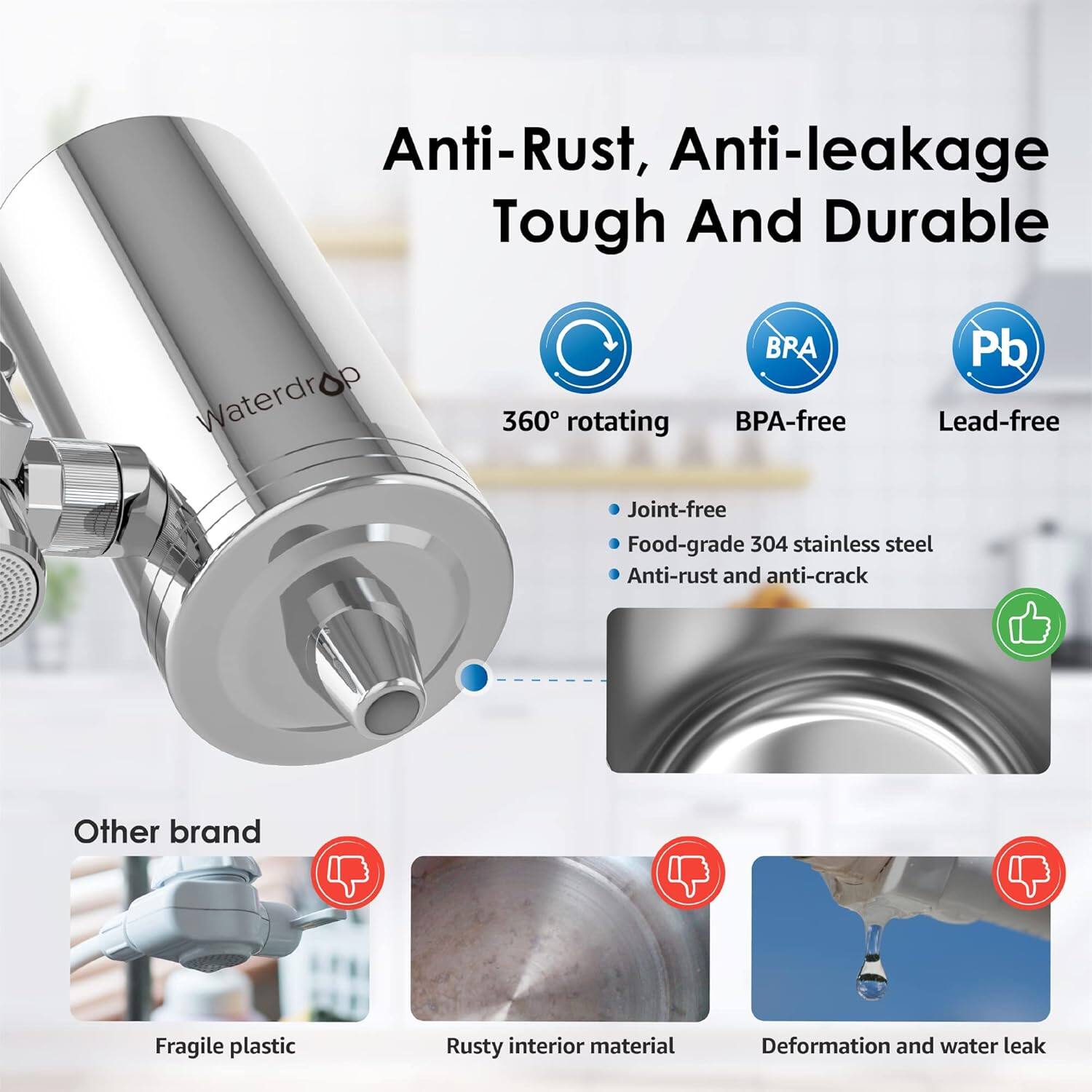Anti-Rust, Anti-leakage Tough And Durable

- 360° rotating
- BPA-free
- Lead-free
- Joint-free
- Food-grade 304 stainless steel
- Anti-rust and anti-crack

Other brand
- Fragile plastic
- Rusty interior material
- Deformation and water leak