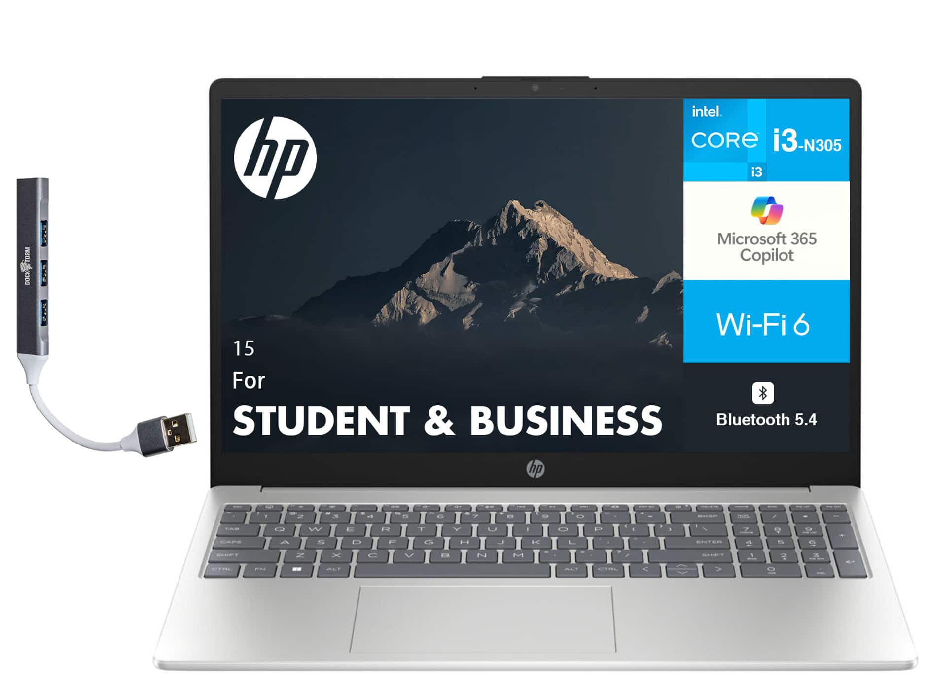 HP - 15 Laptop 15.6 HD (Intel i3-N305, 8GB DDR4, 128GB SSD, Intel UHD, Win 11 Home S-Mode) w/USB Hub - Natural Silver