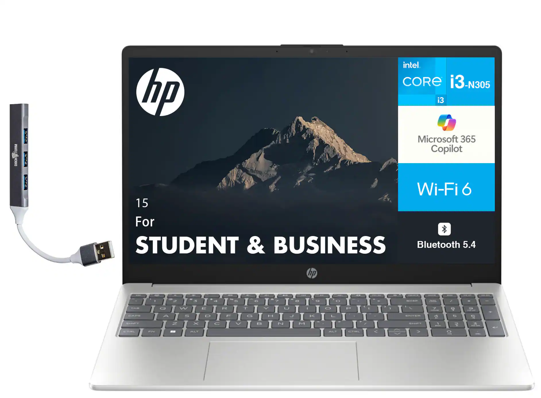 HP - 15 Laptop 15.6 HD (Intel i3-N305, 8GB DDR4, 128GB SSD, Intel UHD, Win 11 Home S-Mode) w/USB Hub - Natural Silver