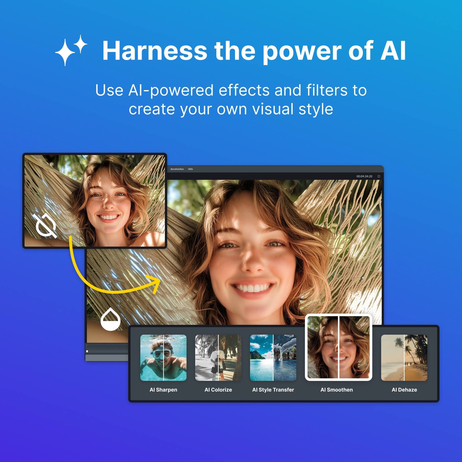 Harness the power of AI

Use AI-powered effects and filters to create your own visual style

- AI Sharpen
- AI Colorize
- AI Style Transfer
- AI Smoothen
- AI Dehaze