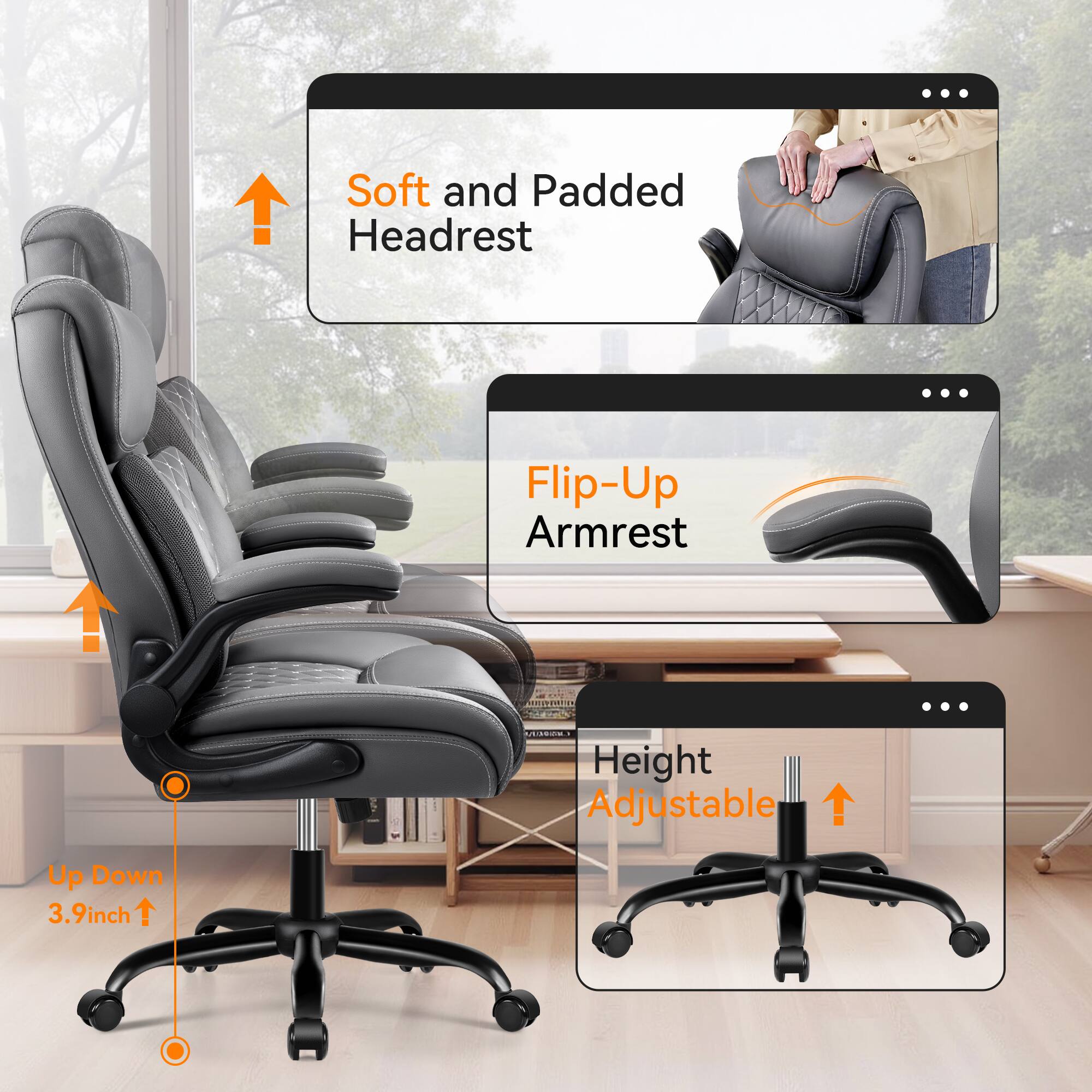 - Soft and Padded Headrest
- Flip-Up Armrest
- Height Adjustable Up Down 3.9inch