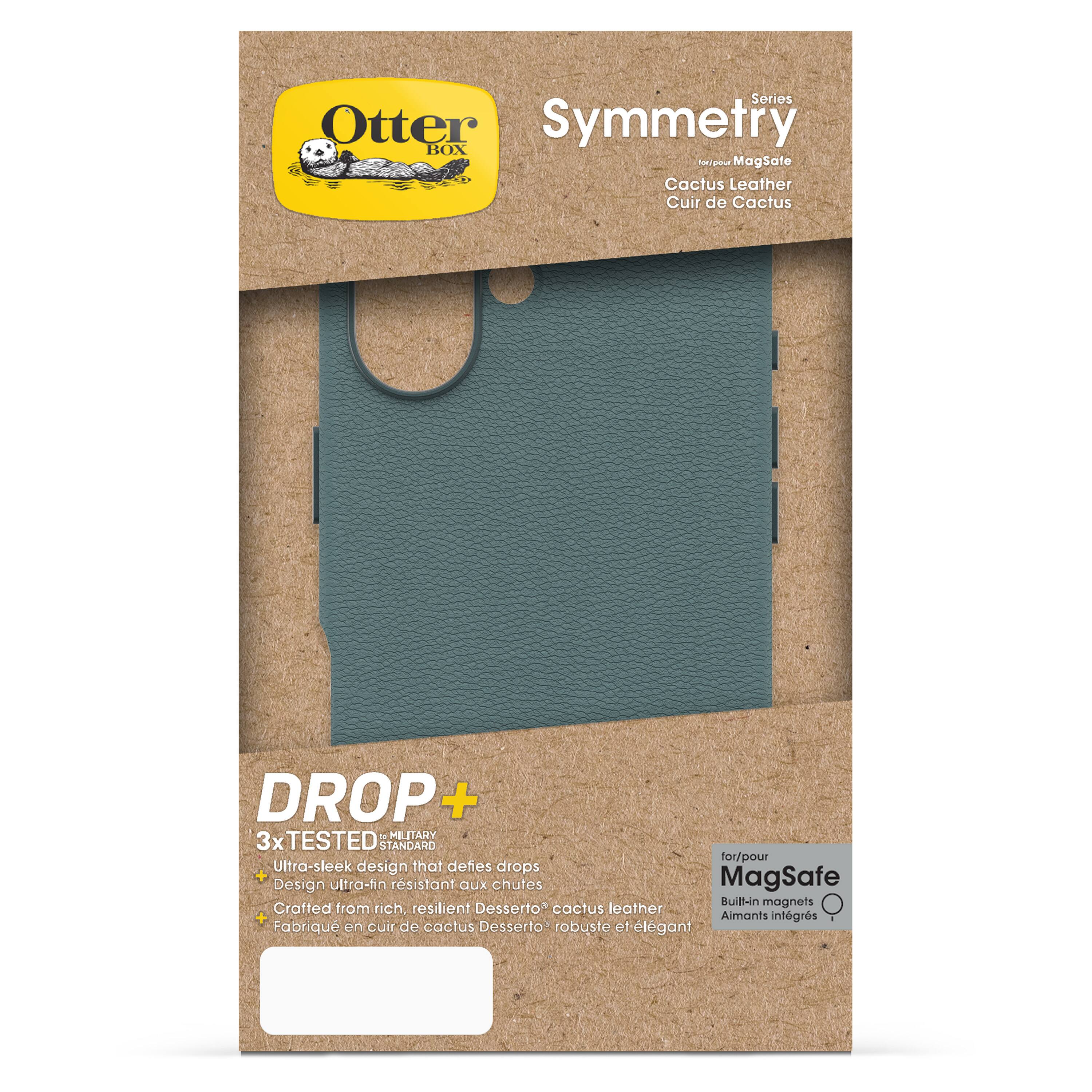 Series Otter Symmetry BOX Aa - Magsate Cactus Leather Cuir de Cactus DROP + M MELITARY 3x TESTED CTANDARD for/pour Ultra-sleek design that defes drops + MagSafe Design ultra-fin rsistant aux chufes BuiB-in magnets Crafted from rich resilient Desserto cactus eather Aimants intgrs Fabrique en cuir de cactus Desserto robuste e1 lgant