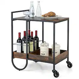 Costway - Industrial Bar Cart Rolling Buffet Serving Cart with Removable Metal Wire Rack - Brown
