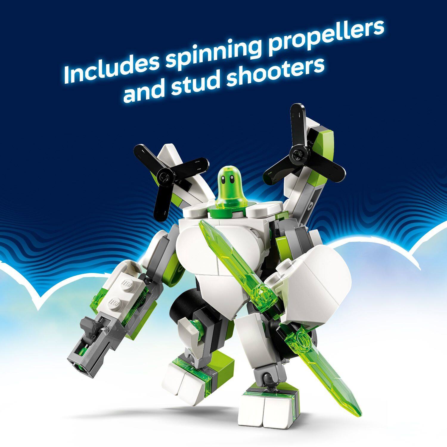 The text on the image reads "Includes spinning propellers, stud shooters and stunt shooters."