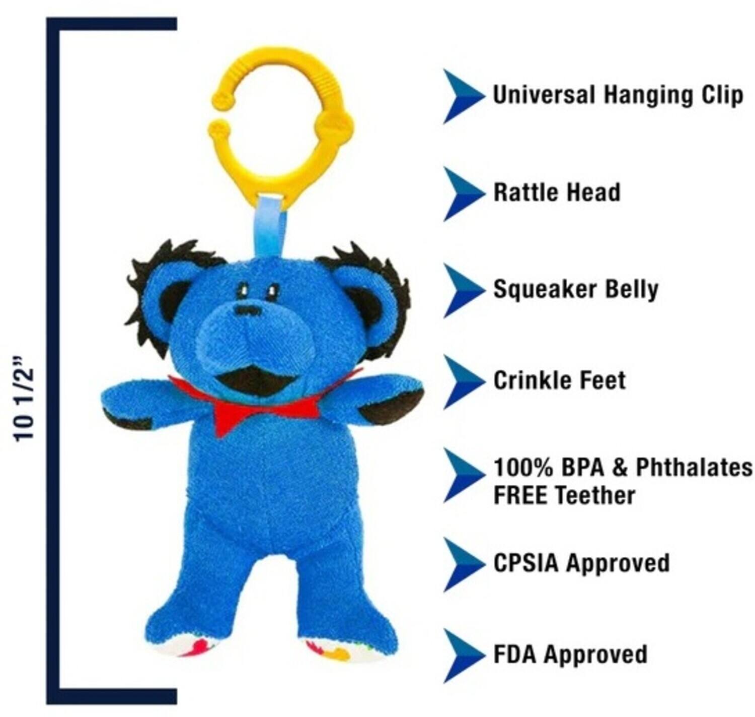 Universal Hanging Clip  
Rattle Head  
Squeaker Belly  
Crinkle Feet  
100% BPA & Phthalates FREE Teether  
CPSIA Approved  
FDA Approved