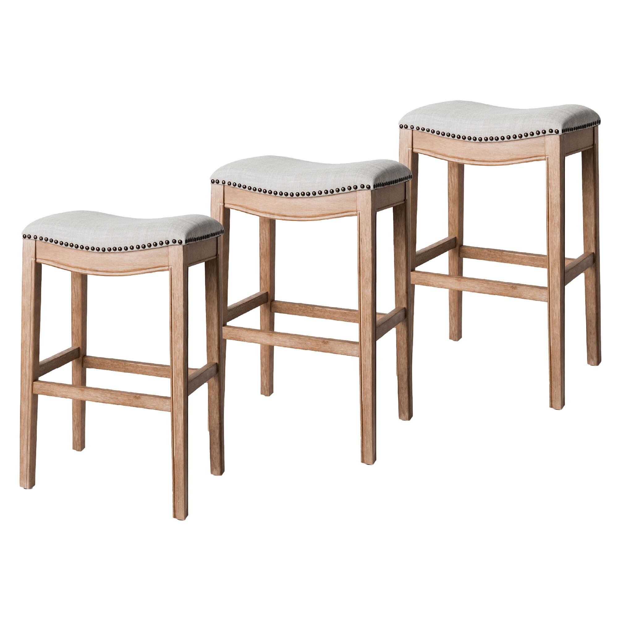 Front. Maven Lane - Maven Lane Adrien Saddle Bar Stool in Weathered Oak Finish w/ Sand Color Fabric Upholstery, Set of 3 - Weathered Oak.