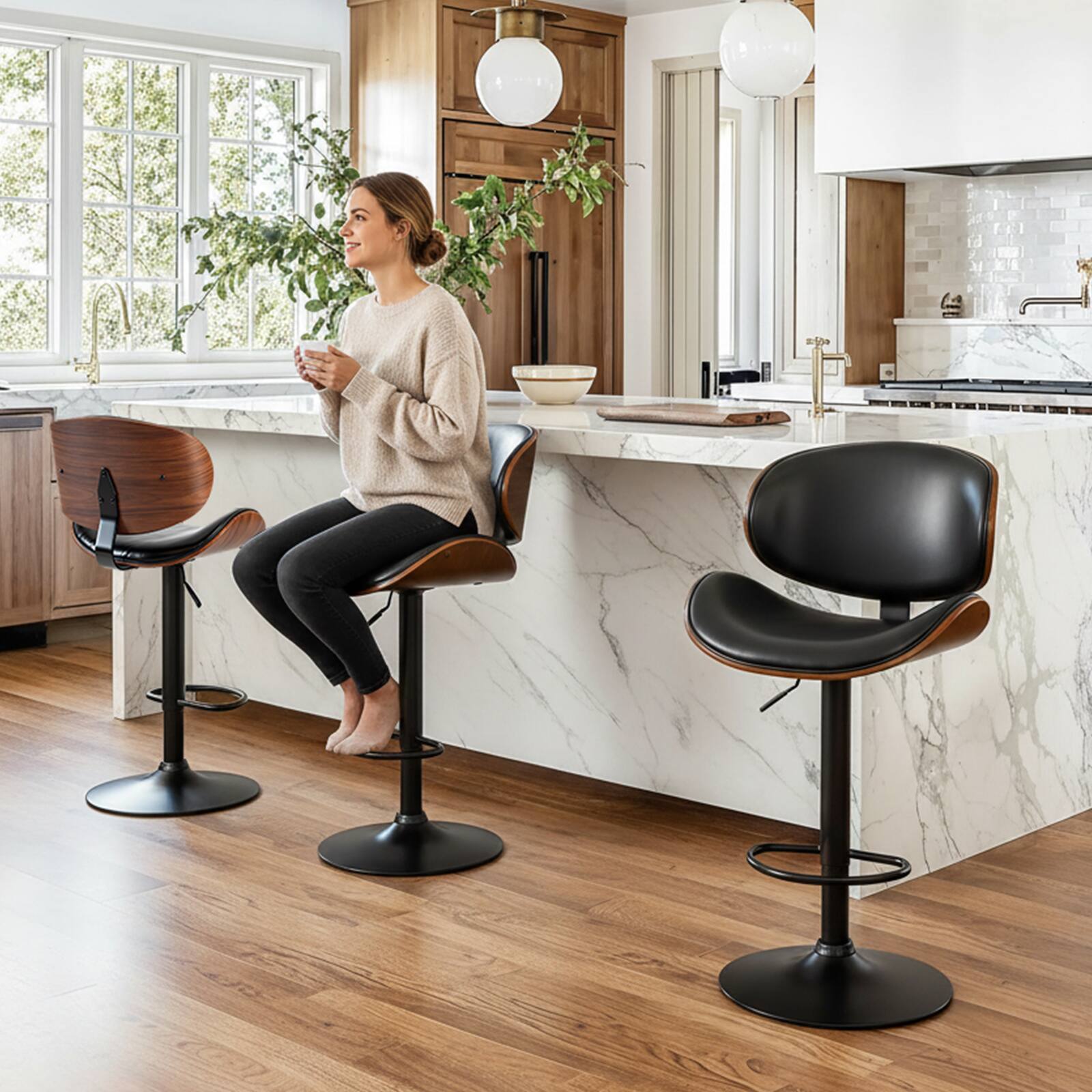 Alt View 1. PexFix - Swivel Bar Stools Set of 2, Height Adjustable, Upholstery Leather Seat with Anti-Slip Base for Home Bar - Black.