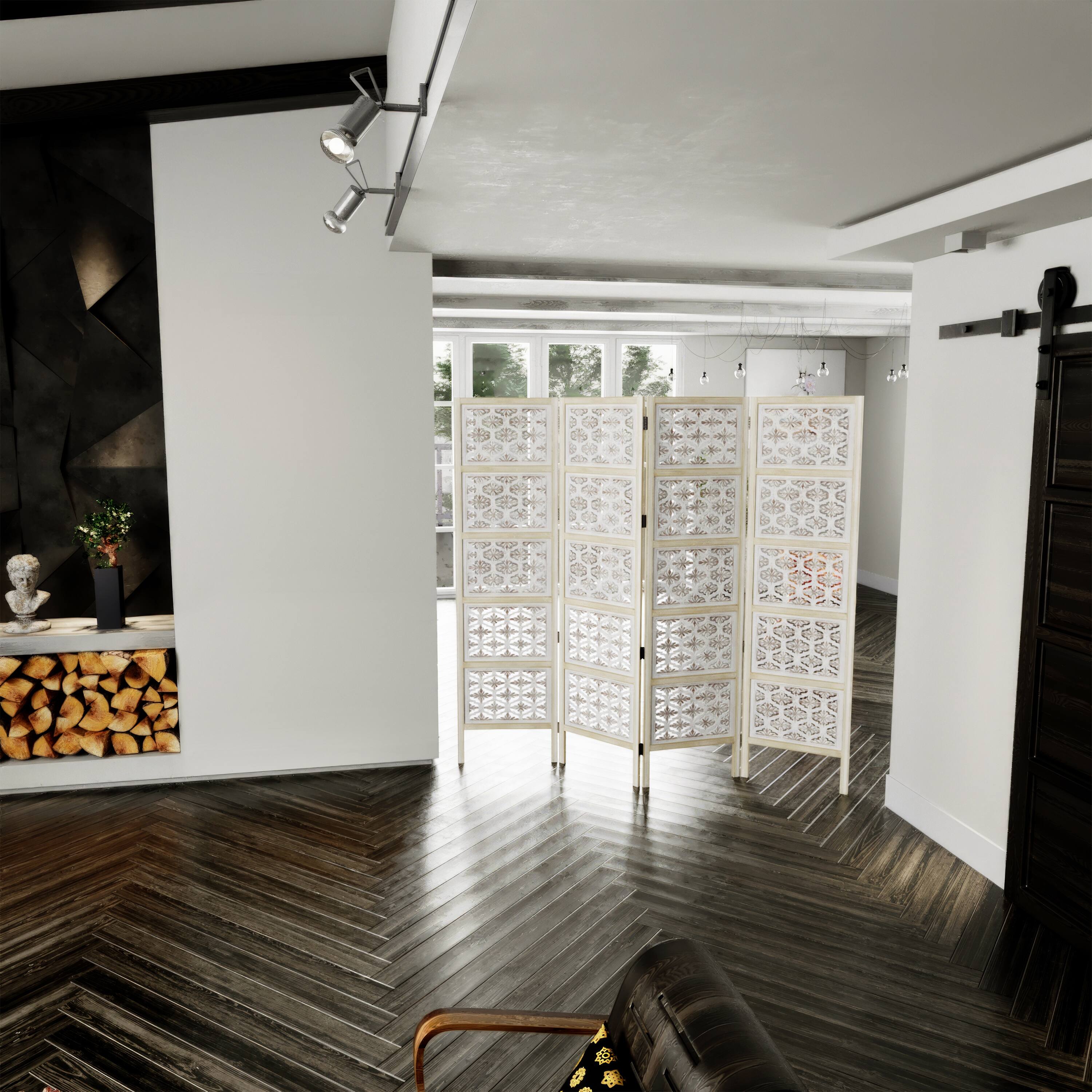 Alt View 10. Manhattan Lane - Taj 4 Panel Folding Room Divider Screen, Antique White Mango Wood, Floral Carved Design - White.