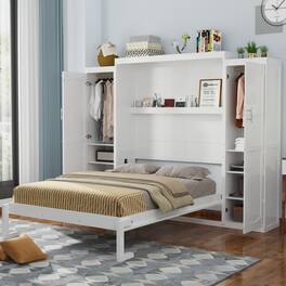 Tiramisubest - Queen Size Murphy Bed with 2 Wardrobe and Storage Shelf, Multifunctional Foldable Platform Bedframe, White - White
